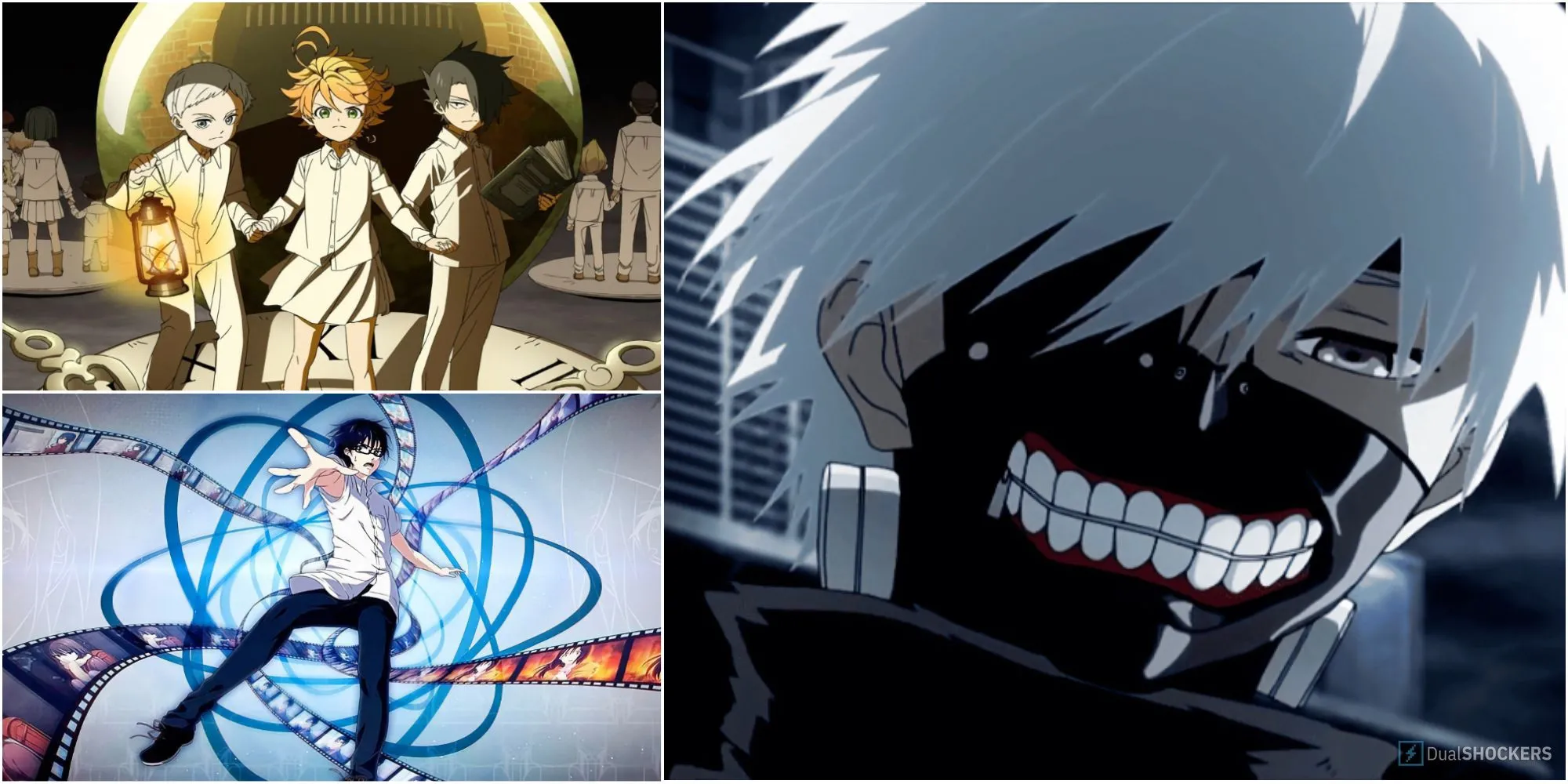 Ba nhân vật anime biểu cảm căng thẳng, thể hiện chủ đề tâm lý giật gân