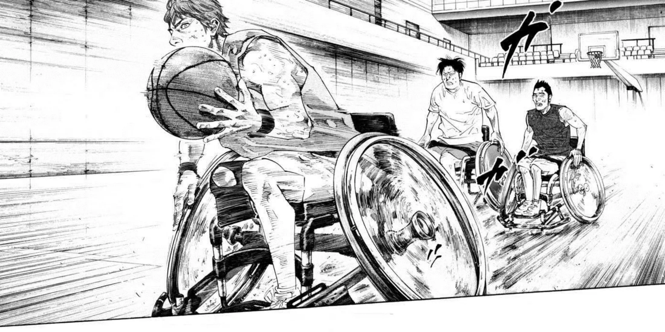 Bìa manga Real thể hiện ba nhân vật chính Nomiya, Togawa và Takahashi liên quan đến bóng rổ lăn