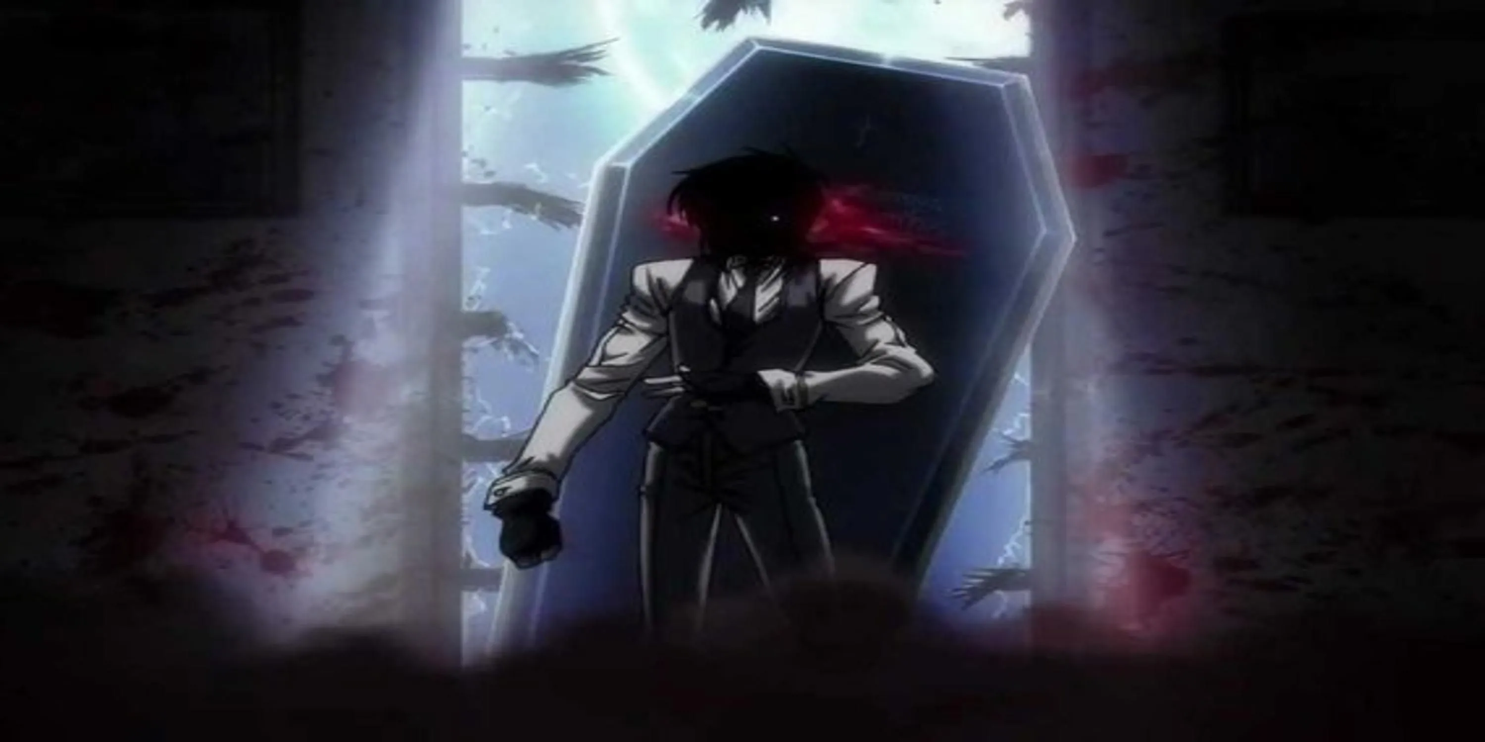 Bộ đôi Alucard và Walter C. Dornez thời trẻ đối mặt với Millennium trong bối cảnh Thế chiến II, từ anime tiền truyện Hellsing: The Dawn.