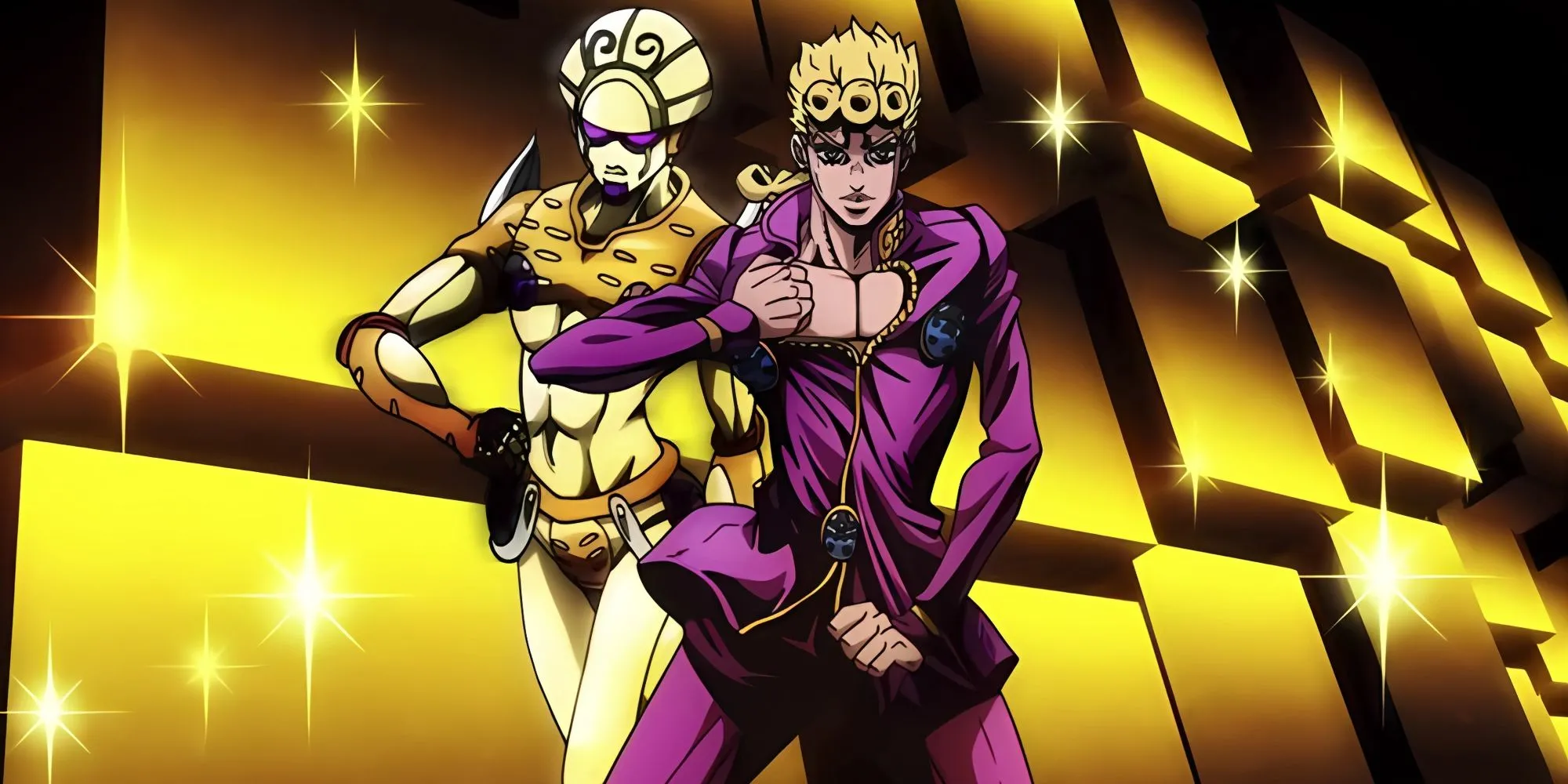 Giorno Giovanna thể hiện tư thế khoe ngực qua khe áo hình trái tim, đặc trưng của nhân vật chính Golden Wind.