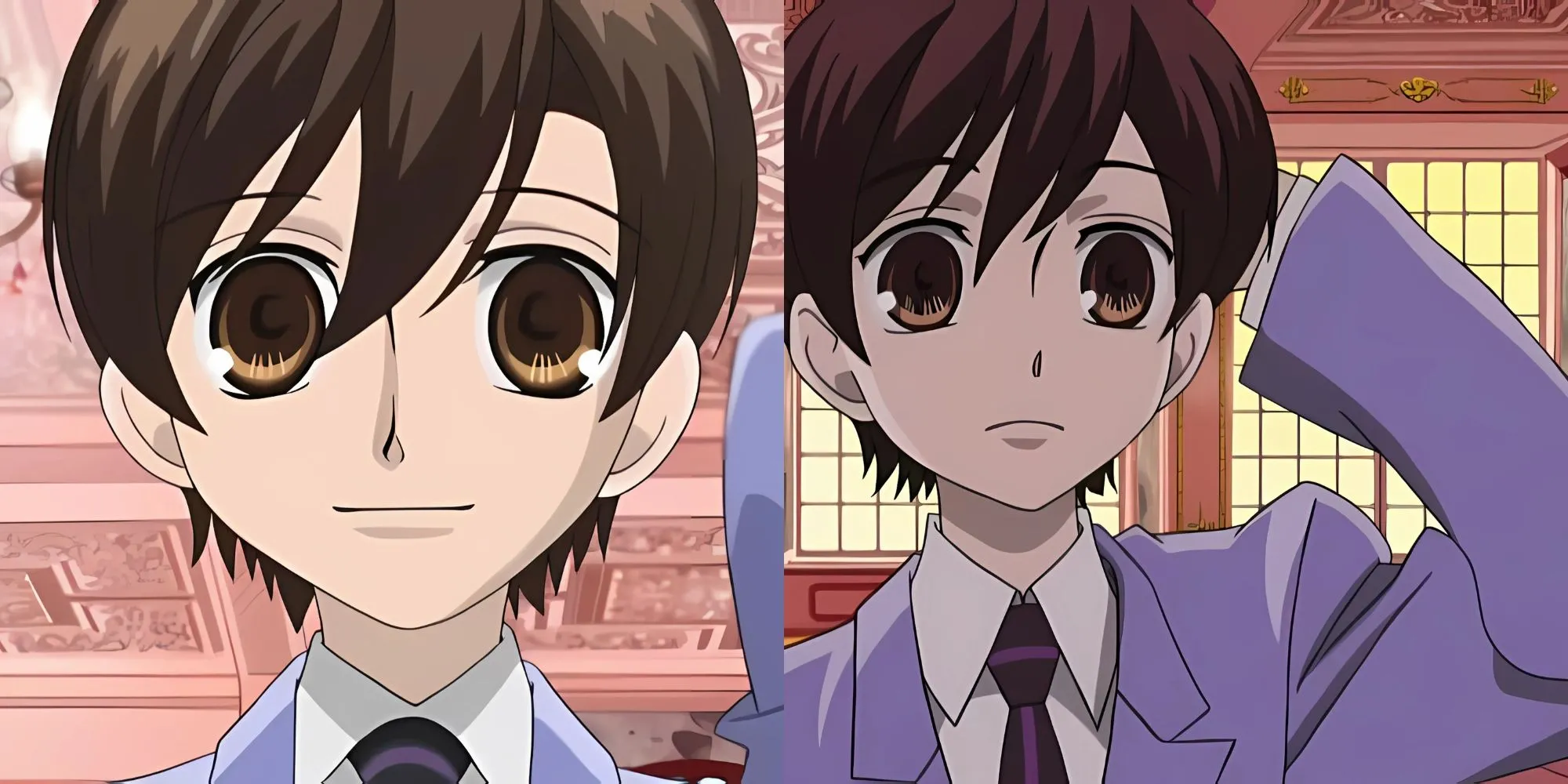 Haruhi Fujioka mặc đồng phục nam sinh, ngồi trên ghế đá với các thành viên Ouran Host Club