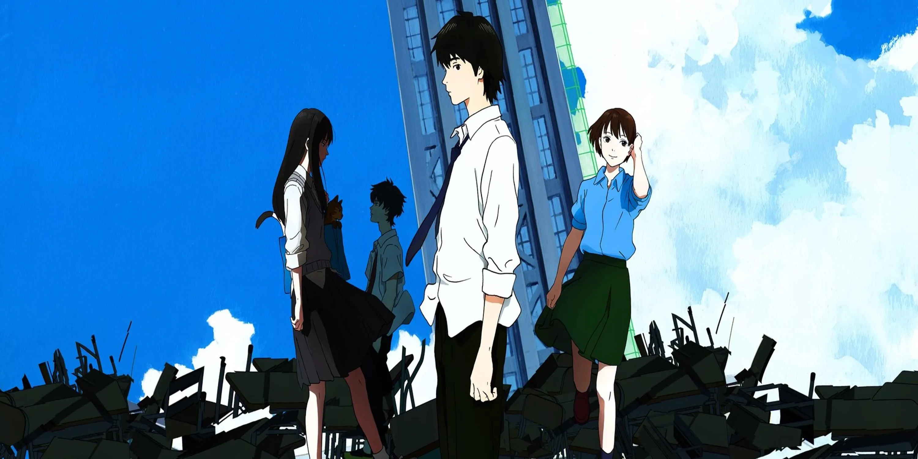 Hình ảnh anime Sonny Boy với thiết kế nhân vật tối giản, mô tả nhóm học sinh trong không gian kỳ lạ