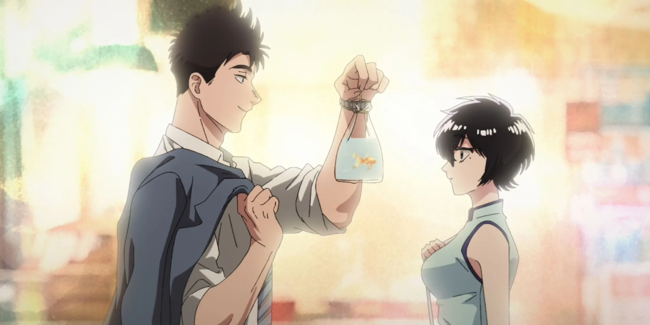 Hình ảnh nhân vật chính Reiko Kujirai và Hajime Kudou từ anime Kowloon Generic Romance mùa xuân 2025