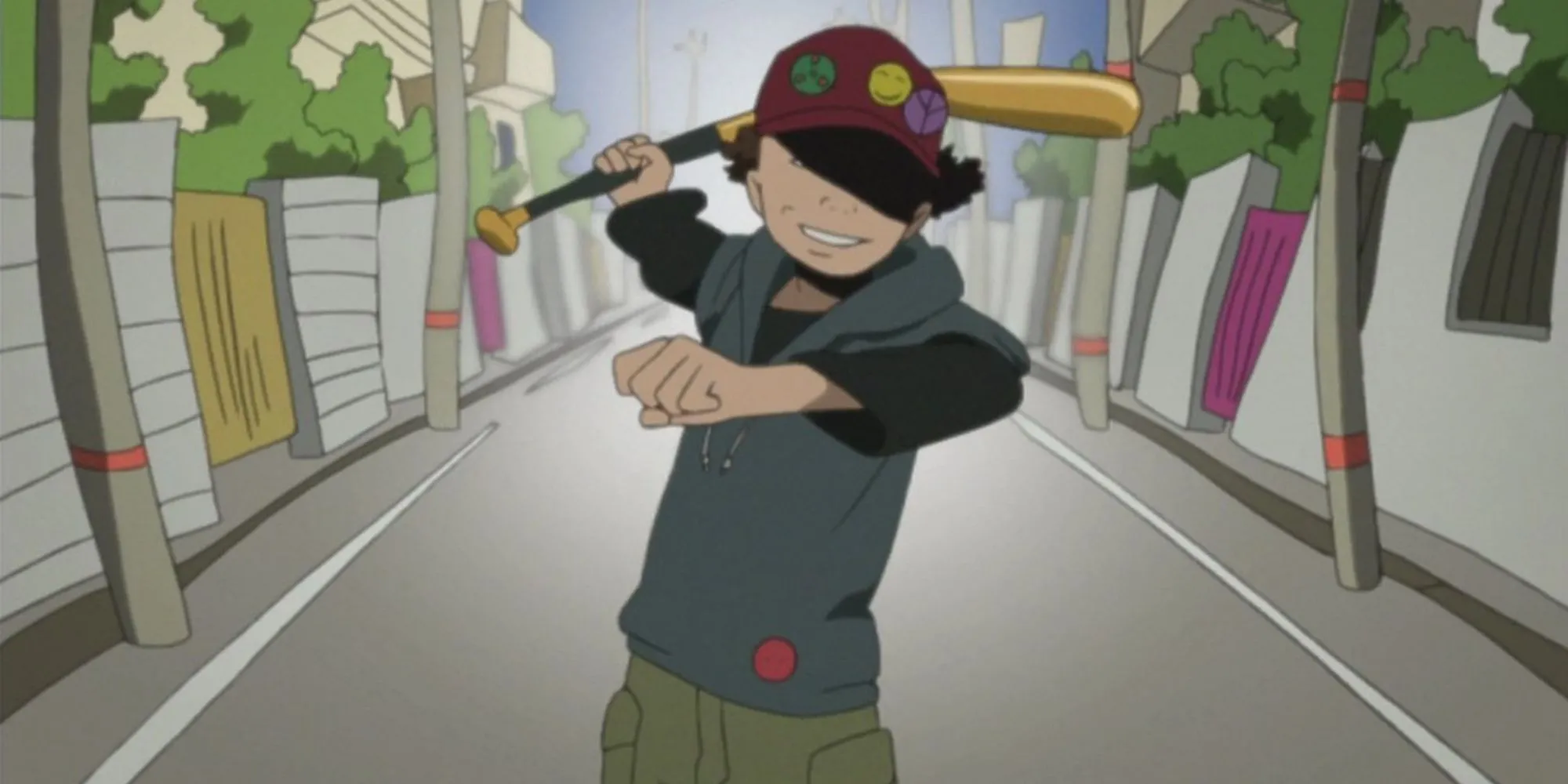 Hình ảnh từ anime Paranoia Agent, gợi lên bầu không khí bí ẩn và căng thẳng tâm lý của series.