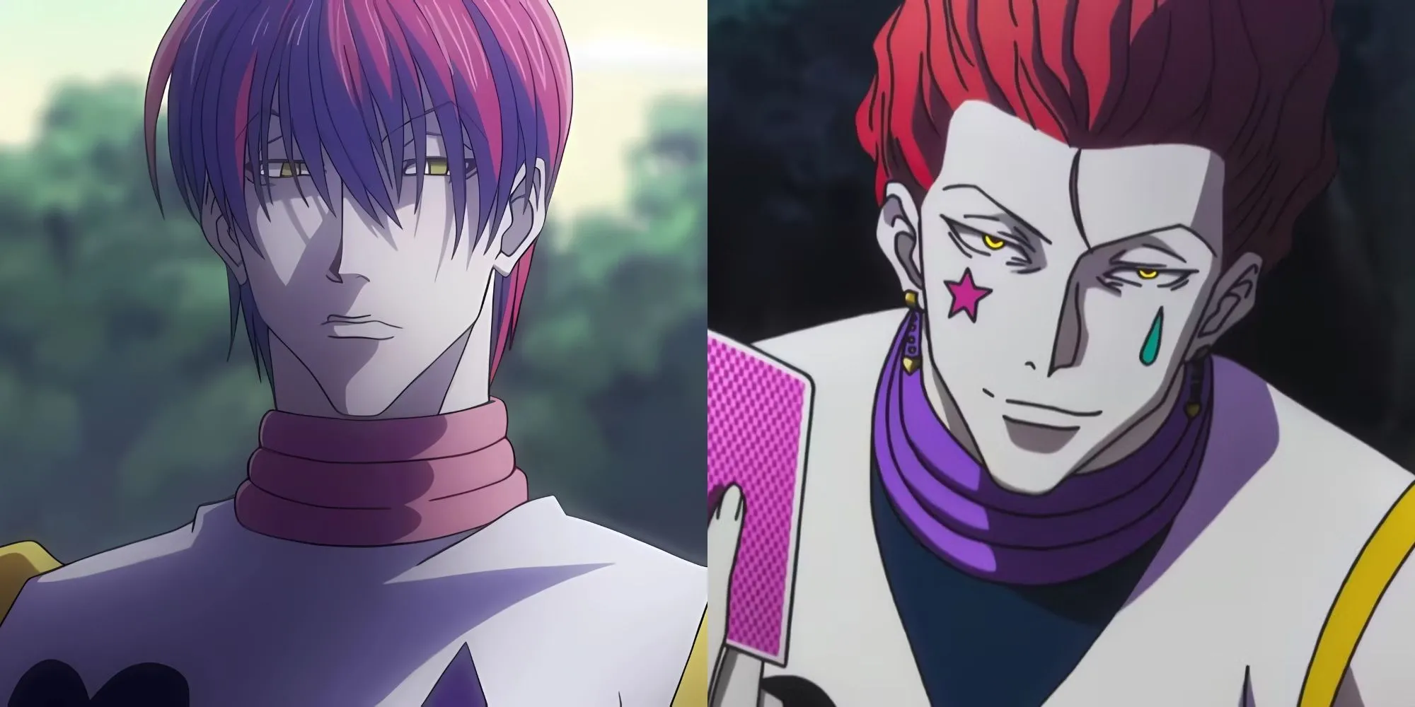 Hisoka Morow trong Hunter x Hunter mỉm cười bí ẩn với lá bài, thể hiện sự điên loạn và khao khát chiến đấu