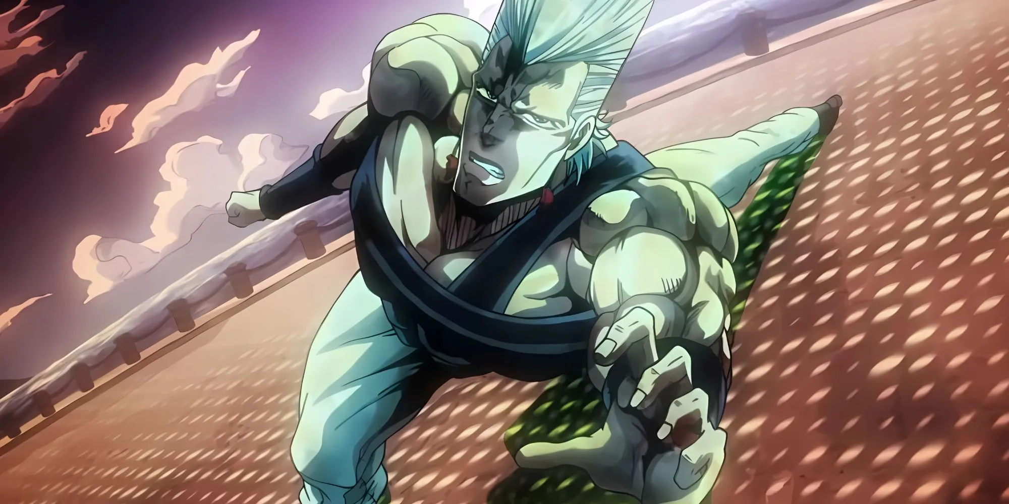 Jean-Pierre Polnareff thực hiện tư thế ngả người về phía trước đầy ấn tượng, vượt qua định luật vật lý.