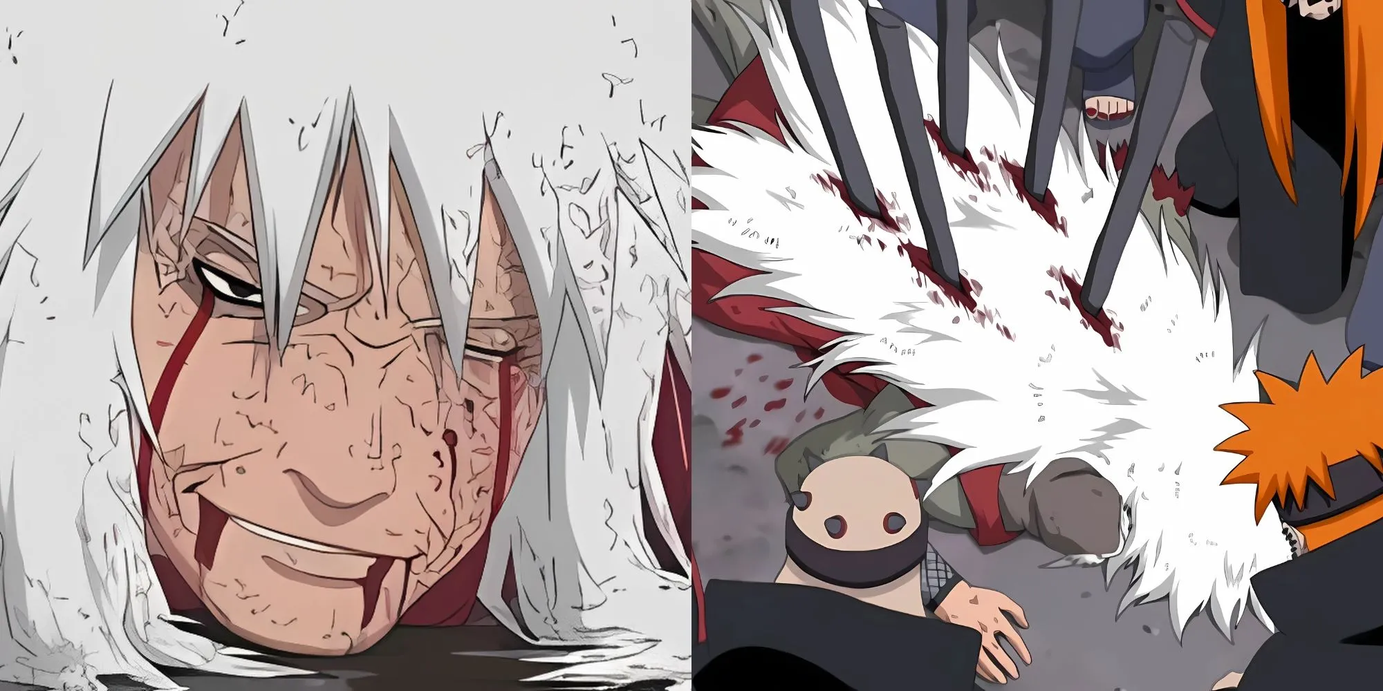 Jiraiya ở trạng thái Hiền Nhân đối đầu với Lục Đạo Pain trong trận chiến cuối cùng tại Làng Mưa.