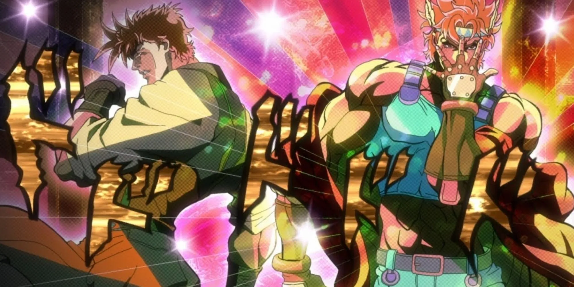 Joseph Joestar và Caesar Zeppeli tựa lưng vào nhau, biểu tượng cho mối quan hệ đối thủ nhưng tin cậy trong Battle Tendency.