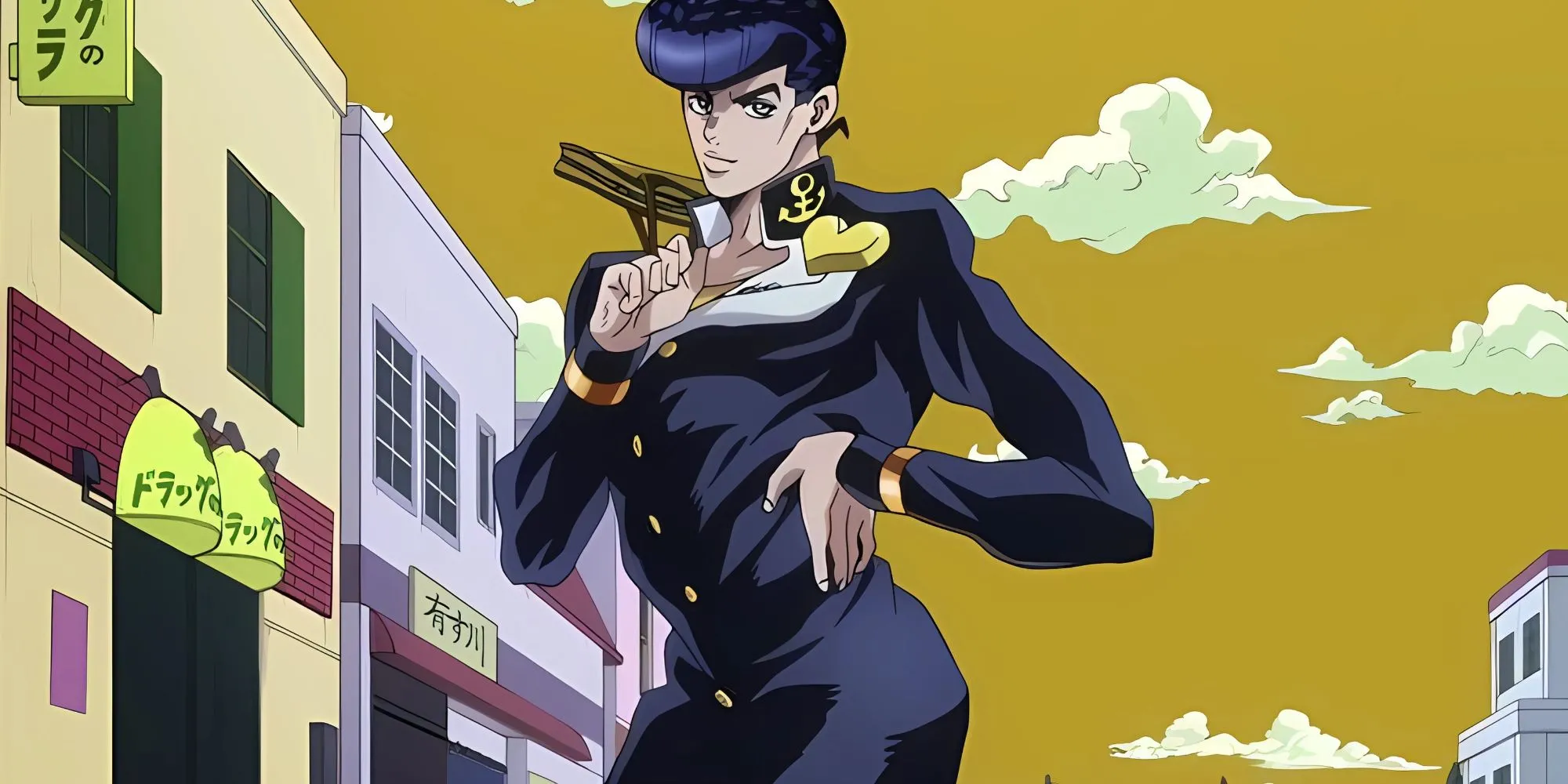 Josuke Higashikata với tư thế đẩy hông đặc trưng, làm nổi bật mái tóc pompadour và phong cách của cậu.