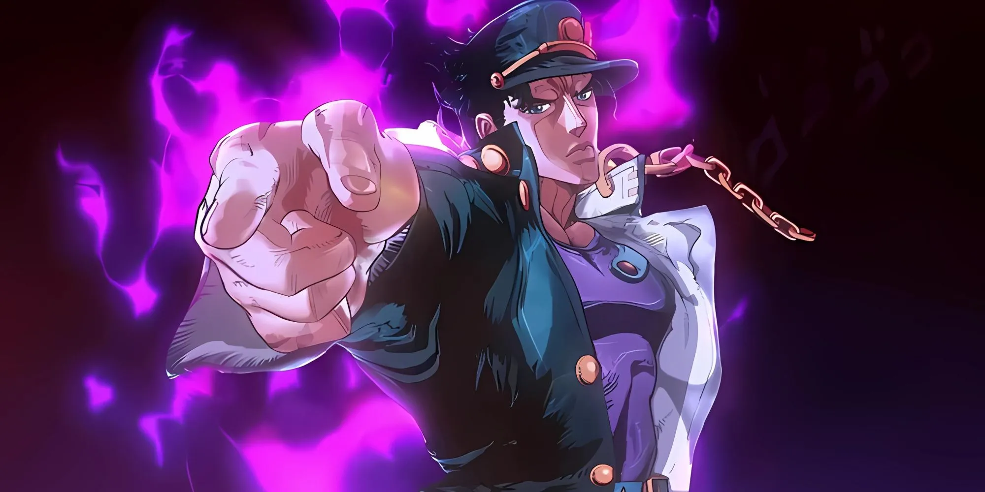 Jotaro Kujo với tư thế chỉ tay biểu tượng, thể hiện sự quyết đoán và lạnh lùng của nhân vật chính Stardust Crusaders.