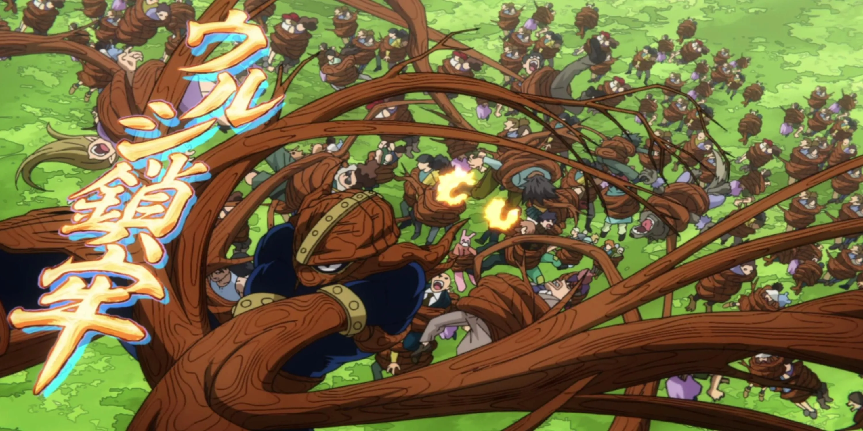 Kamui Woods sử dụng Quirk Arbor để tạo ra các nhánh cây trong My Hero Academia