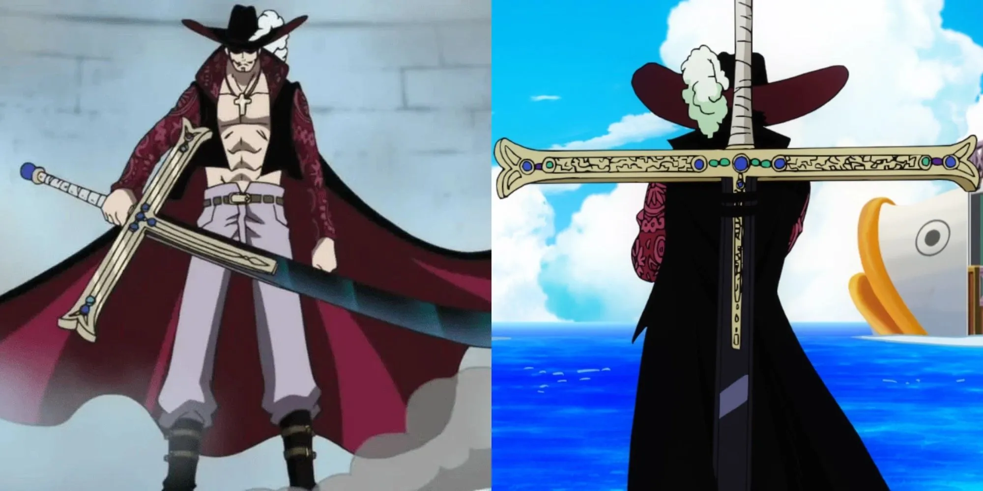Mắt Diều Hâu Dracule Mihawk và thanh Yoru, thanh Đại Bảo Kiếm và Hắc Kiếm vĩnh cửu, được mệnh danh là thanh kiếm mạnh nhất thế giới.