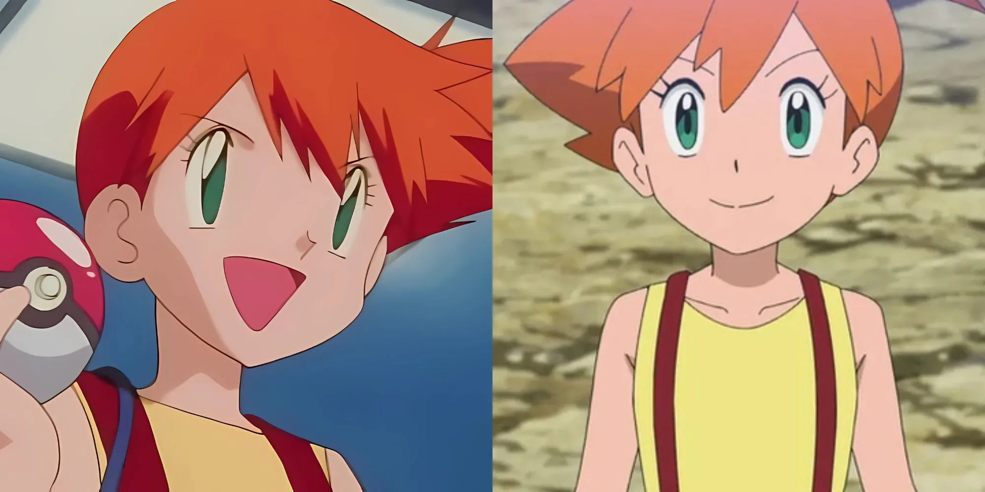 Misty trong Pokémon với chiếc quần yếm cam và Psyduck