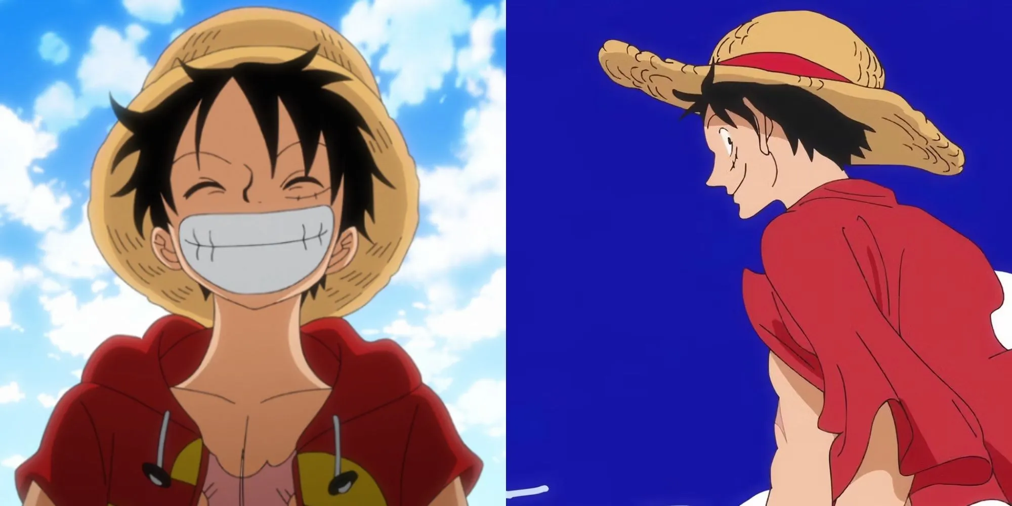 Monkey D. Luffy cười tươi với mũ rơm và vết sẹo dưới mắt trong One Piece