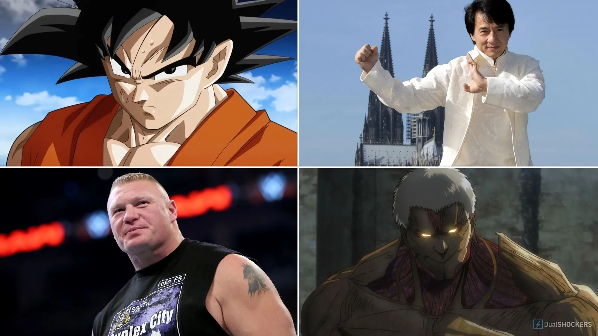 Một bức ảnh ghép mô tả Goku, Thành Titan Thiết Giáp, Brock Lesnar và Jackie Chan, minh họa các nhân vật anime dựa trên người thật
