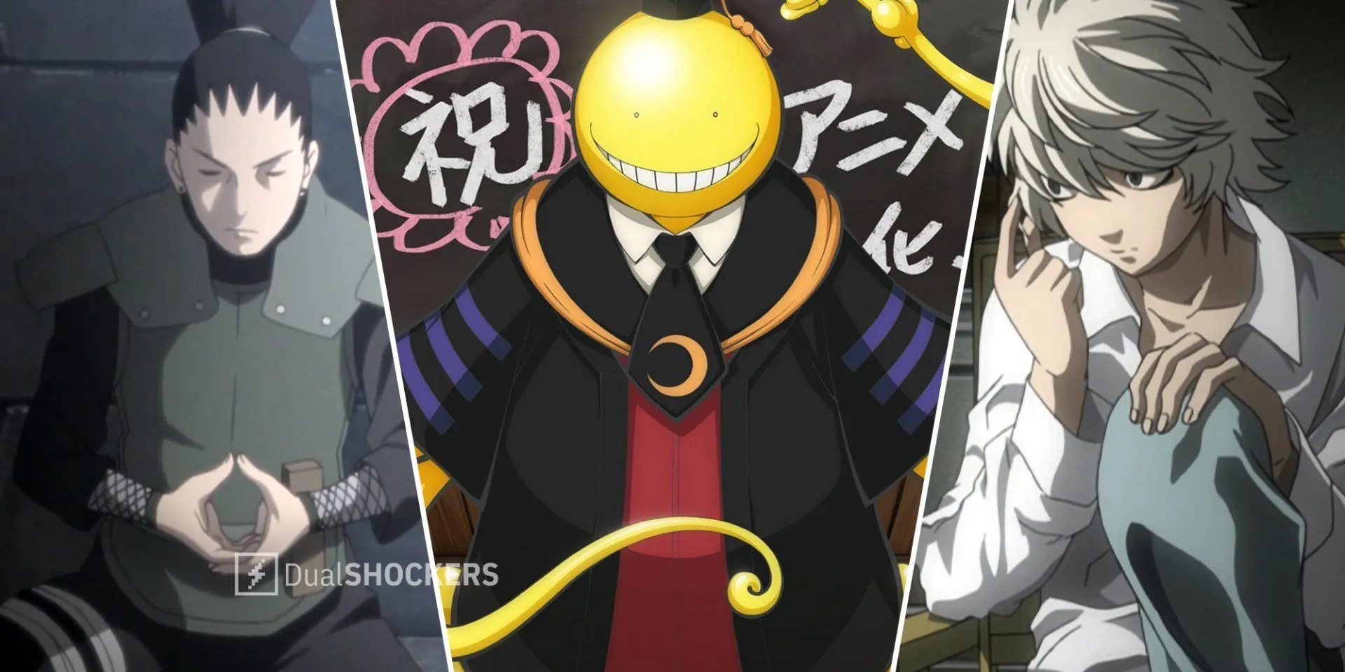 Một bức ảnh ghép mô tả Shikamaru (Naruto) bên trái, Koro-Sensei (Lớp Học Ám Sát) ở giữa, Near (Death Note) bên phải, minh họa các nhân vật anime thông minh