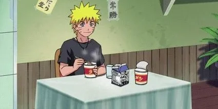 Naruto ngồi ăn tô ramen một mình tại quán Ichiraku, thể hiện sự cô lập của cậu.