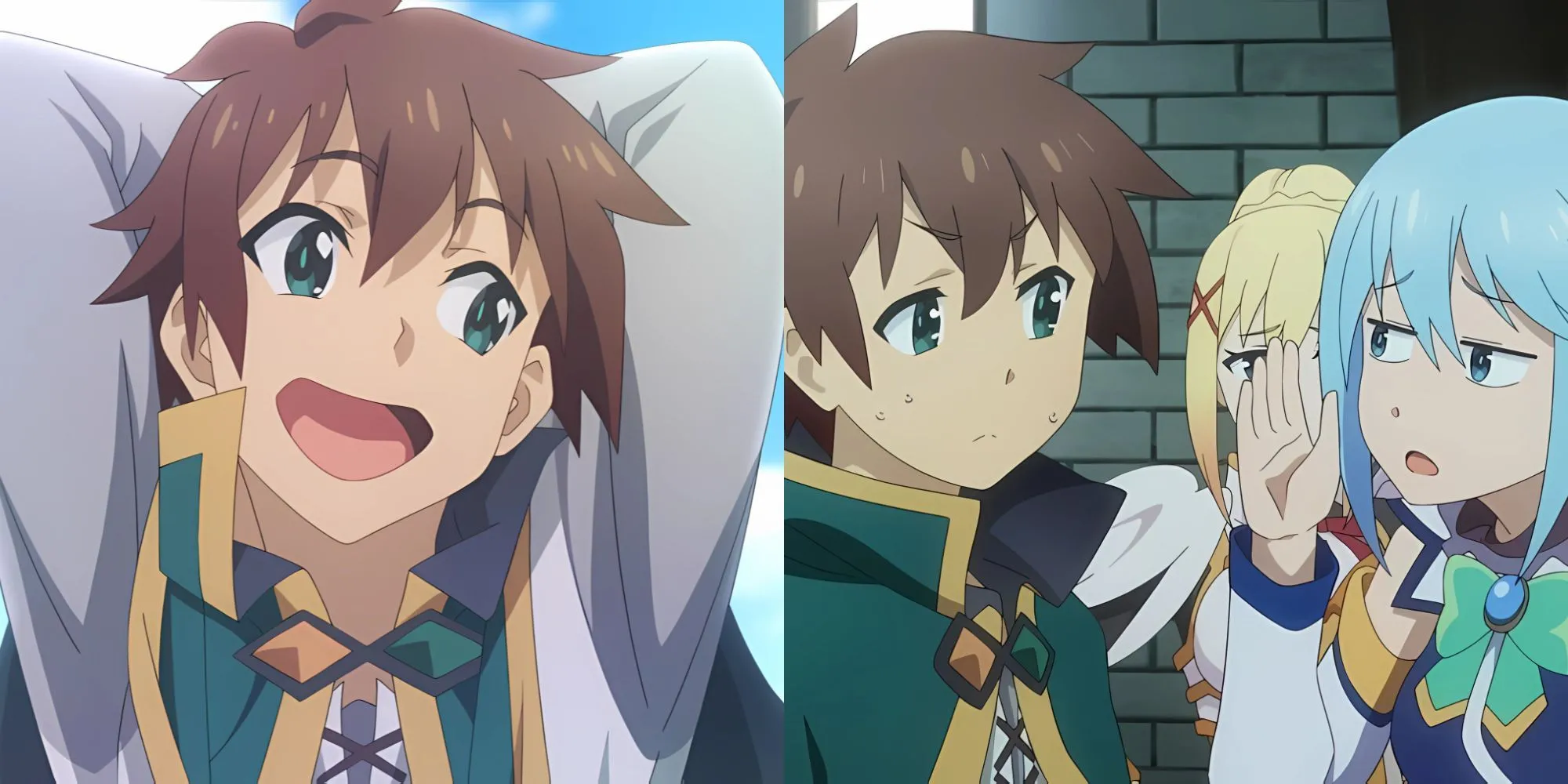 Nhân vật chính Kazuma, Aqua, Megumin và Darkness trong anime KonoSuba