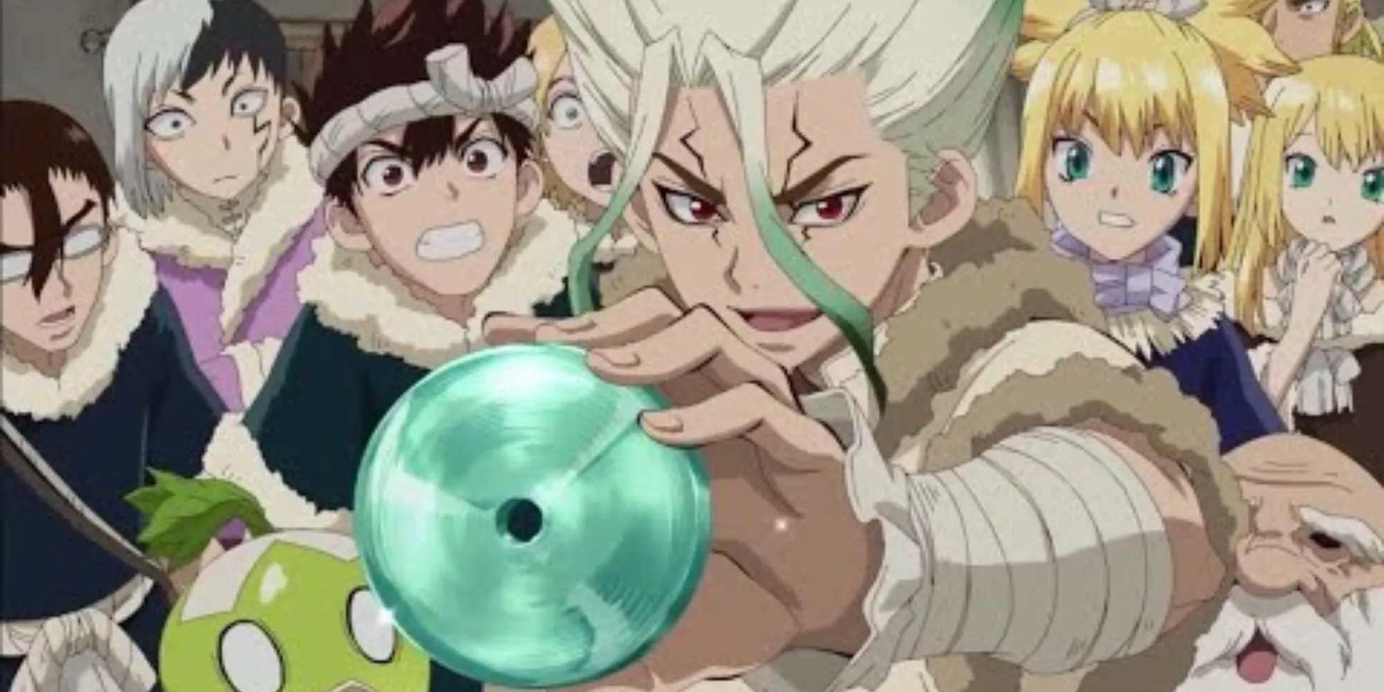 Nhân vật Senku và đồng đội chế tạo vật dụng khoa học trong anime Dr. Stone