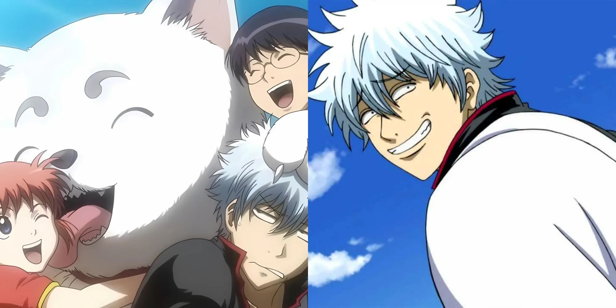 Nhóm Yorozuya (Gintoki, Shinpachi, Kagura) cùng chú chó Sadaharu trong trang phục samurai