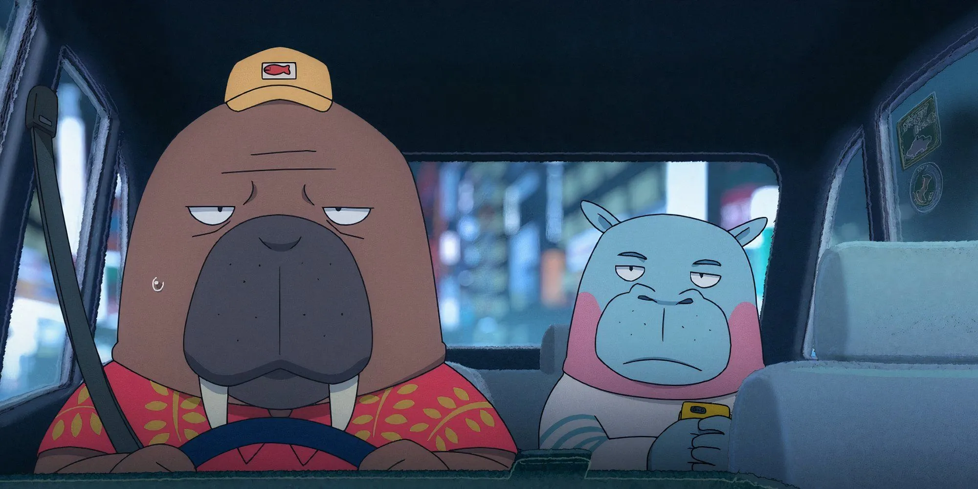 Odokawa và Taichi Kabasawa trong một cảnh của anime Odd Taxi