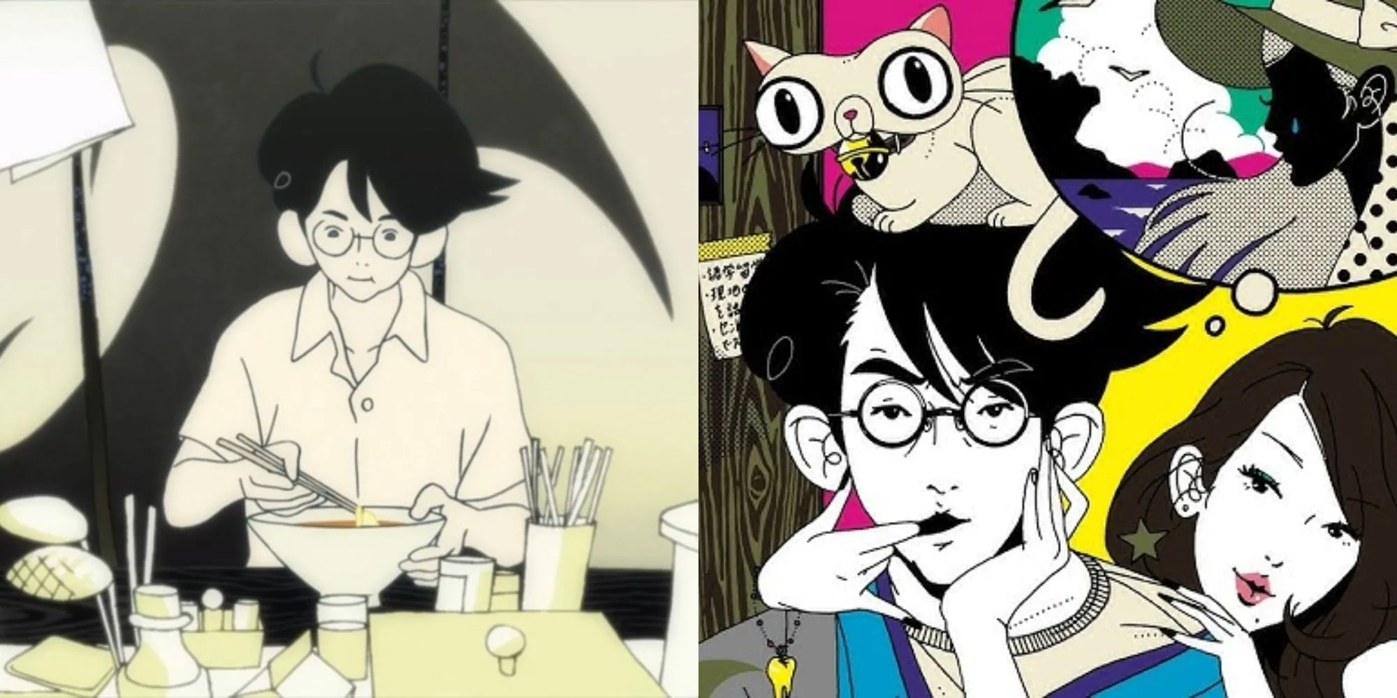 Phong cách đồ họa độc đáo của anime The Tatami Galaxy, phản ánh sự hỗn loạn trong tâm trí nhân vật
