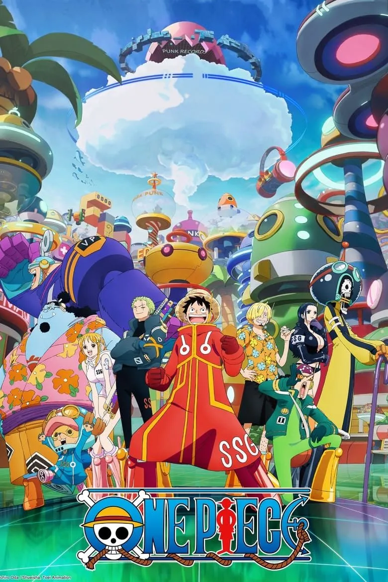 Poster One Piece, hiển thị Luffy và các thành viên băng Mũ Rơm