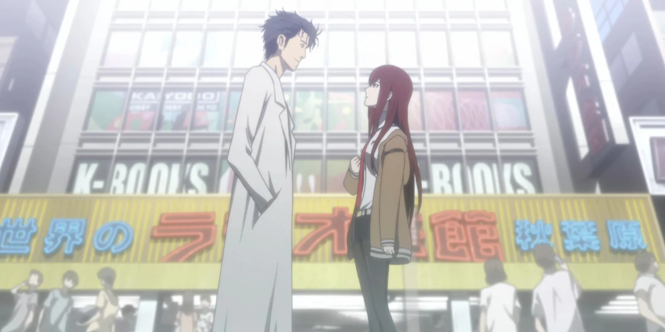Rintaro Okabe và Kurisu Makise gặp lại nhau trong cảnh cuối của Steins;Gate