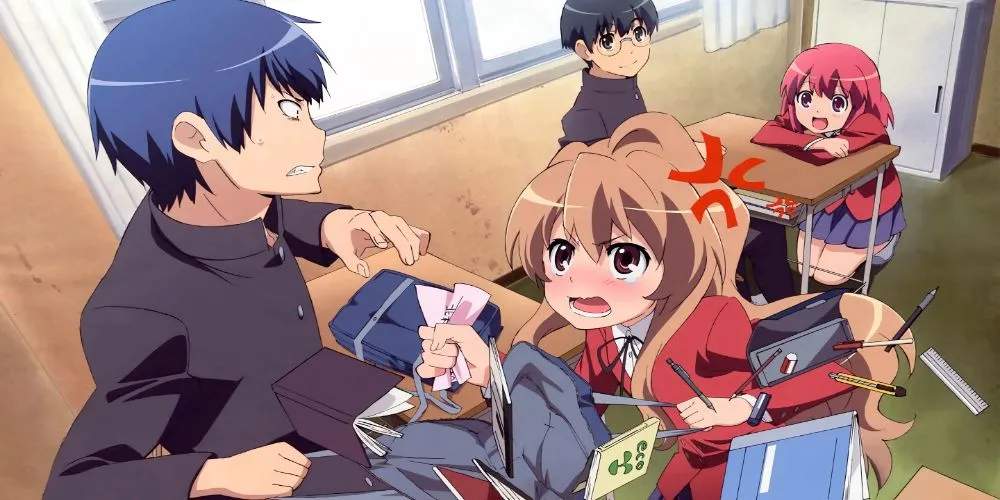 Ryuji Takasu và Taiga Aisaka đứng cạnh nhau trong anime Toradora