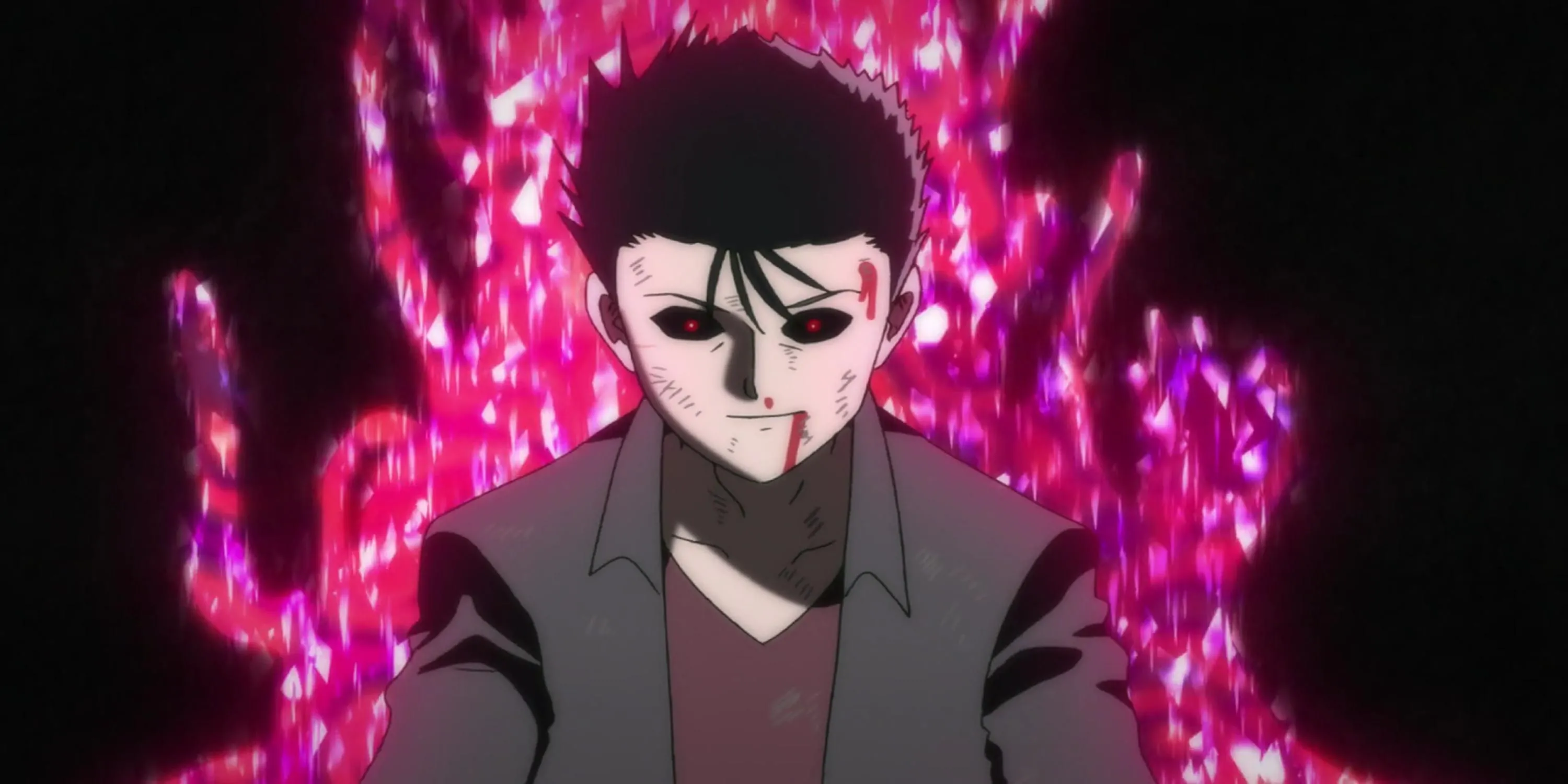 Shimizaki biểu lộ sự nhàm chán khi dễ dàng đánh bại Teru và các esper khác trong Mob Psycho 100