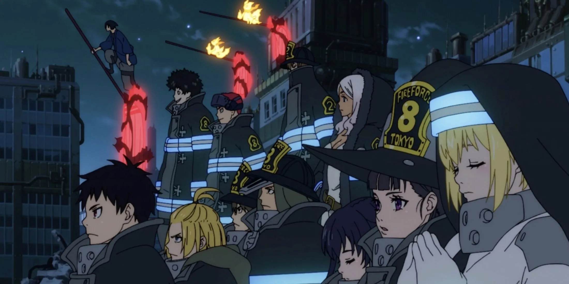 Shinra và Arthur, các thành viên Lực lượng Đặc biệt Phòng cháy chữa cháy trong Fire Force Mùa 3