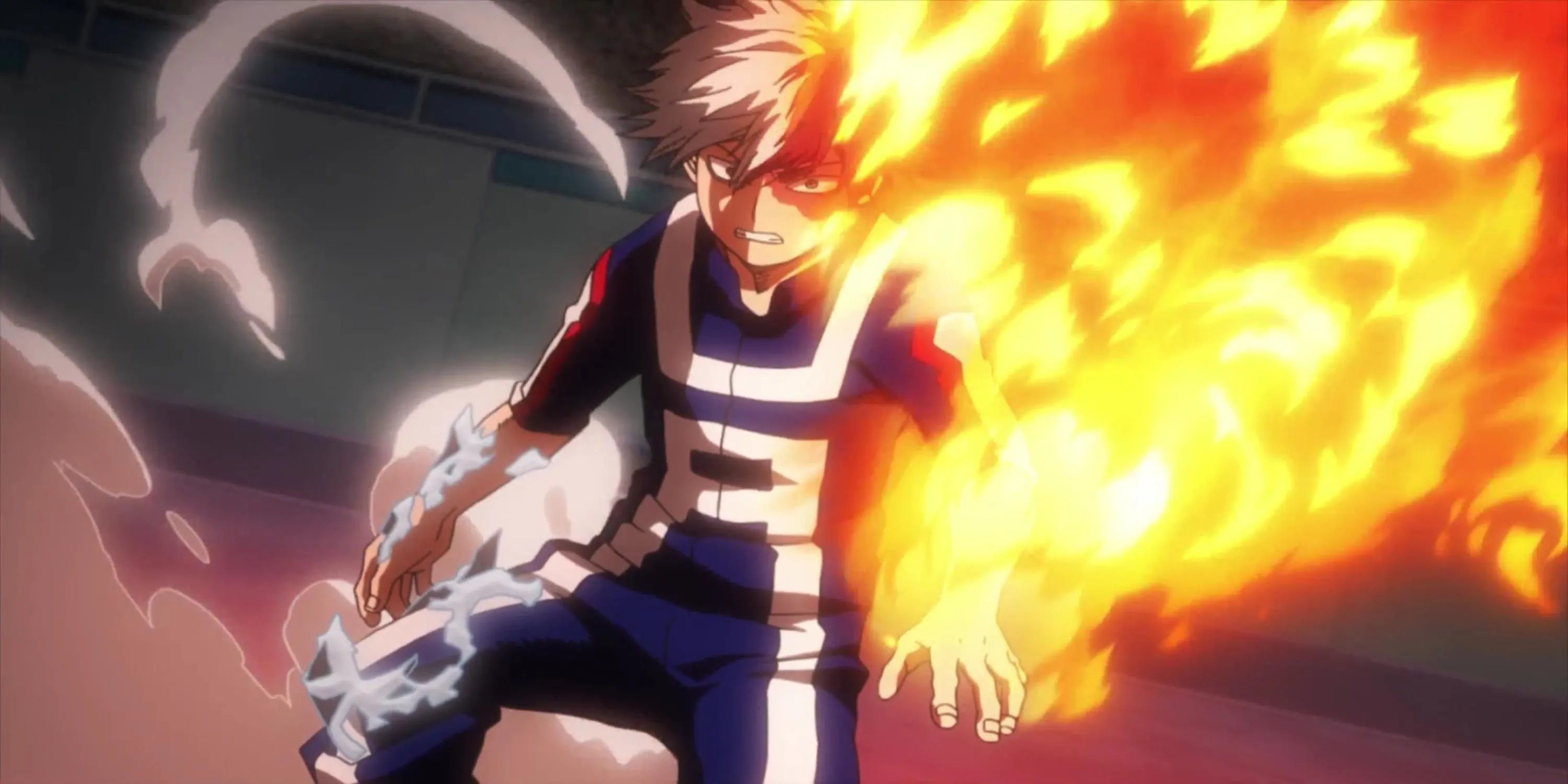 Shoto Todoroki sử dụng cả lửa và băng từ Quirk Half-Cold Half-Hot trong My Hero Academia
