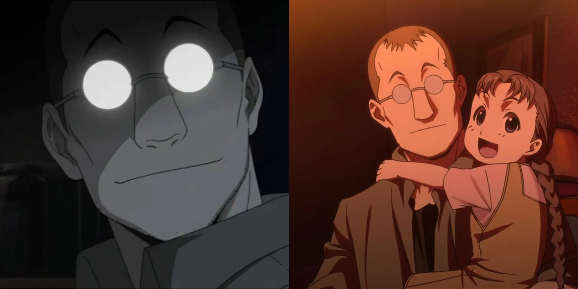 Shou Tucker trong Fullmetal Alchemist Brotherhood, cùng với cô con gái Nina và chú chó Alexander trước thí nghiệm