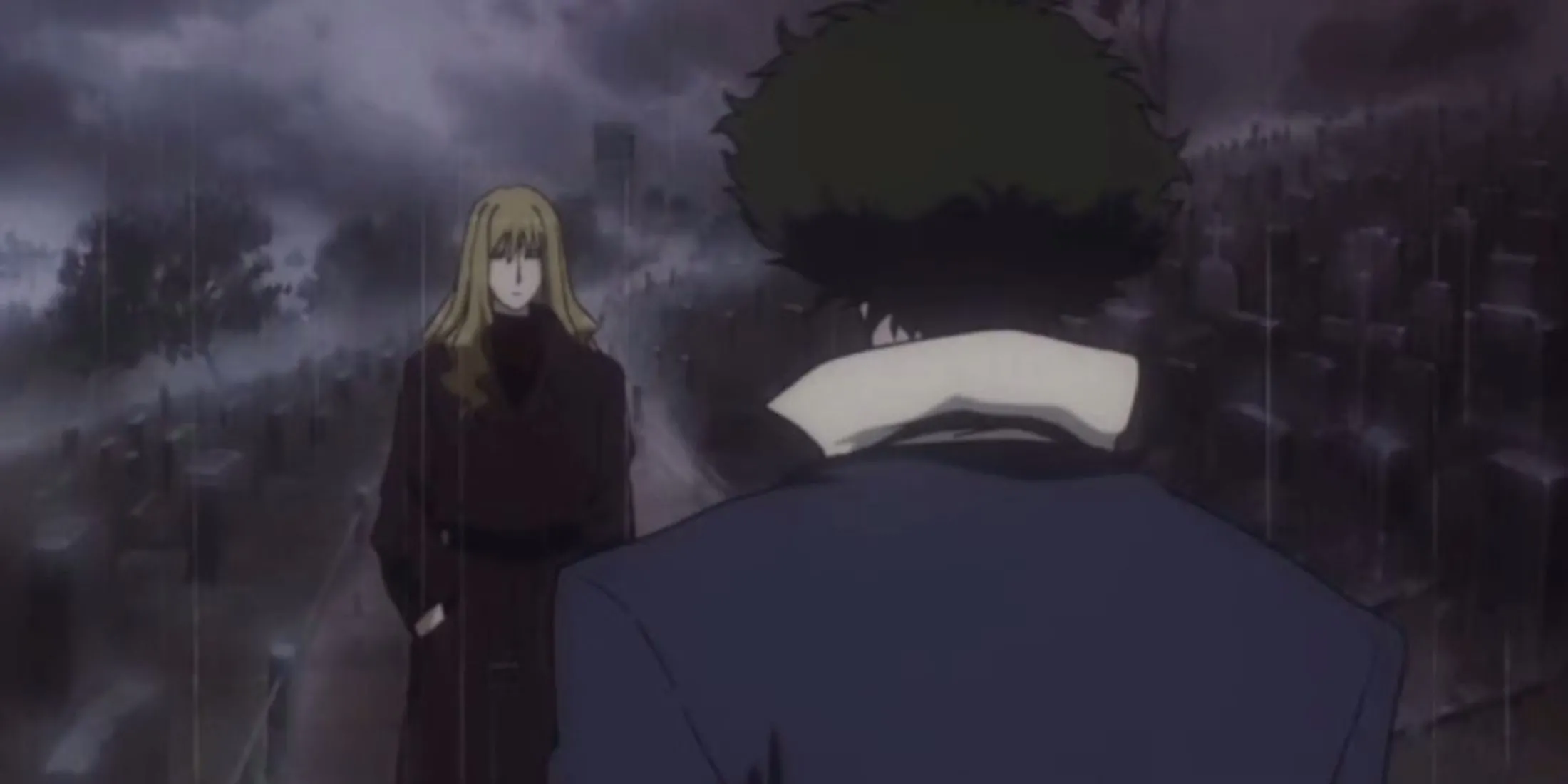 Spike Spiegel với vết thương nặng đứng sau khi đối đầu Vicious trong Cowboy Bebop