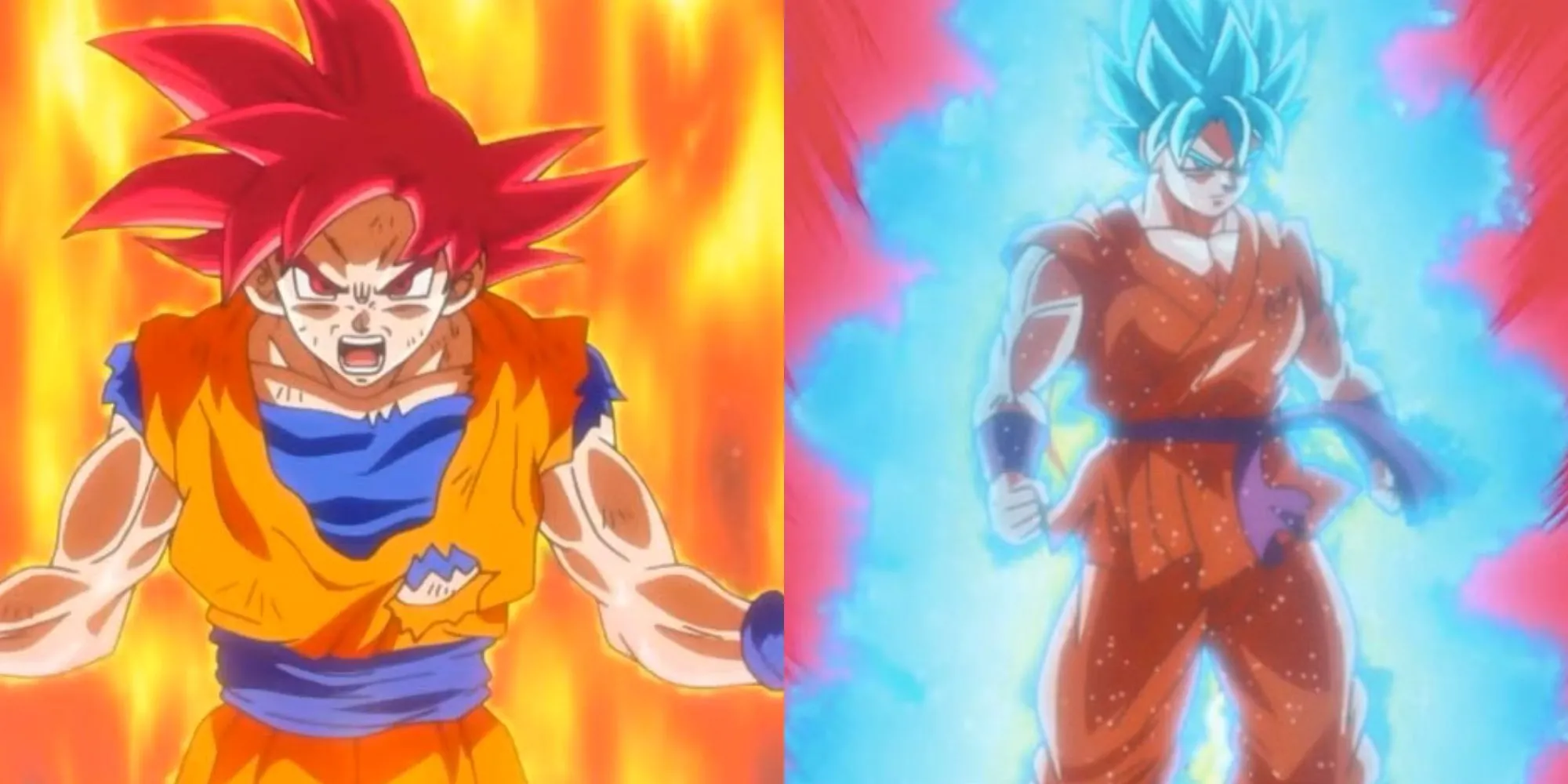 Split image of Goku SSJ God and Goku SSJ Blue