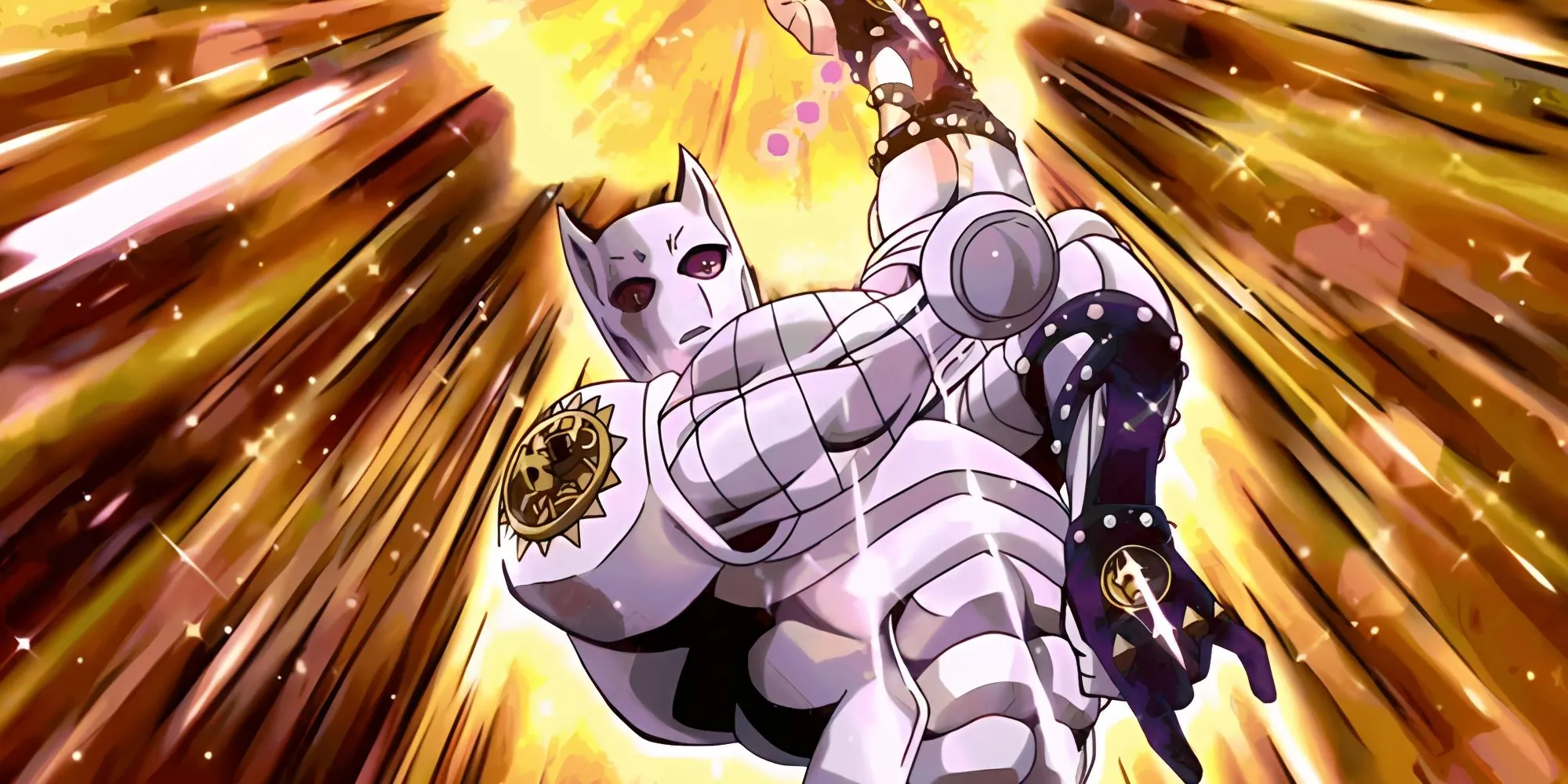 Stand Killer Queen của Kira Yoshikage với tư thế lao tới chéo góc đầy uy lực, sẵn sàng tấn công.