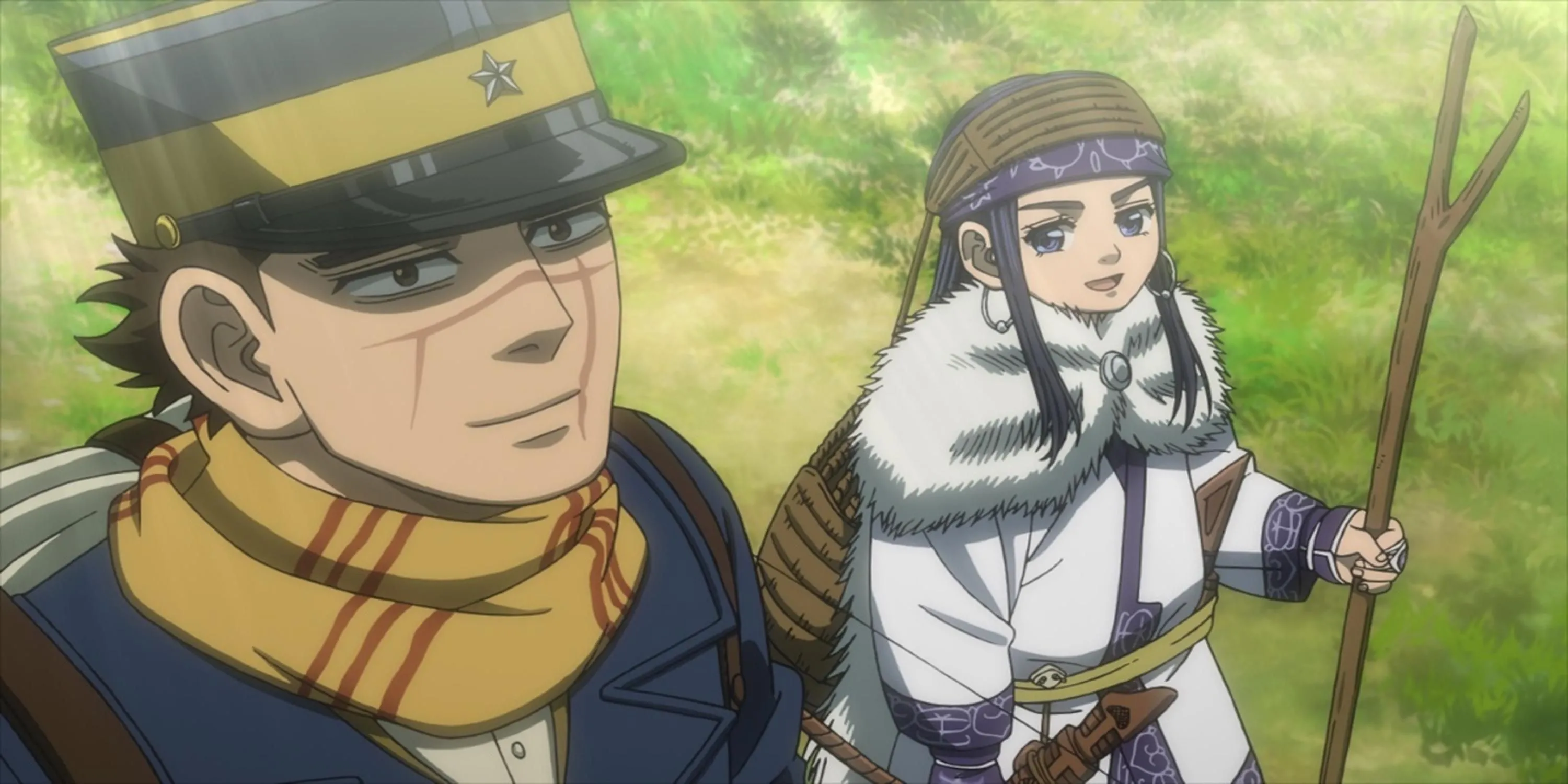 Sugimoto và Asirpa trong bối cảnh vùng đất Hokkaido tuyết phủ của anime Golden Kamuy