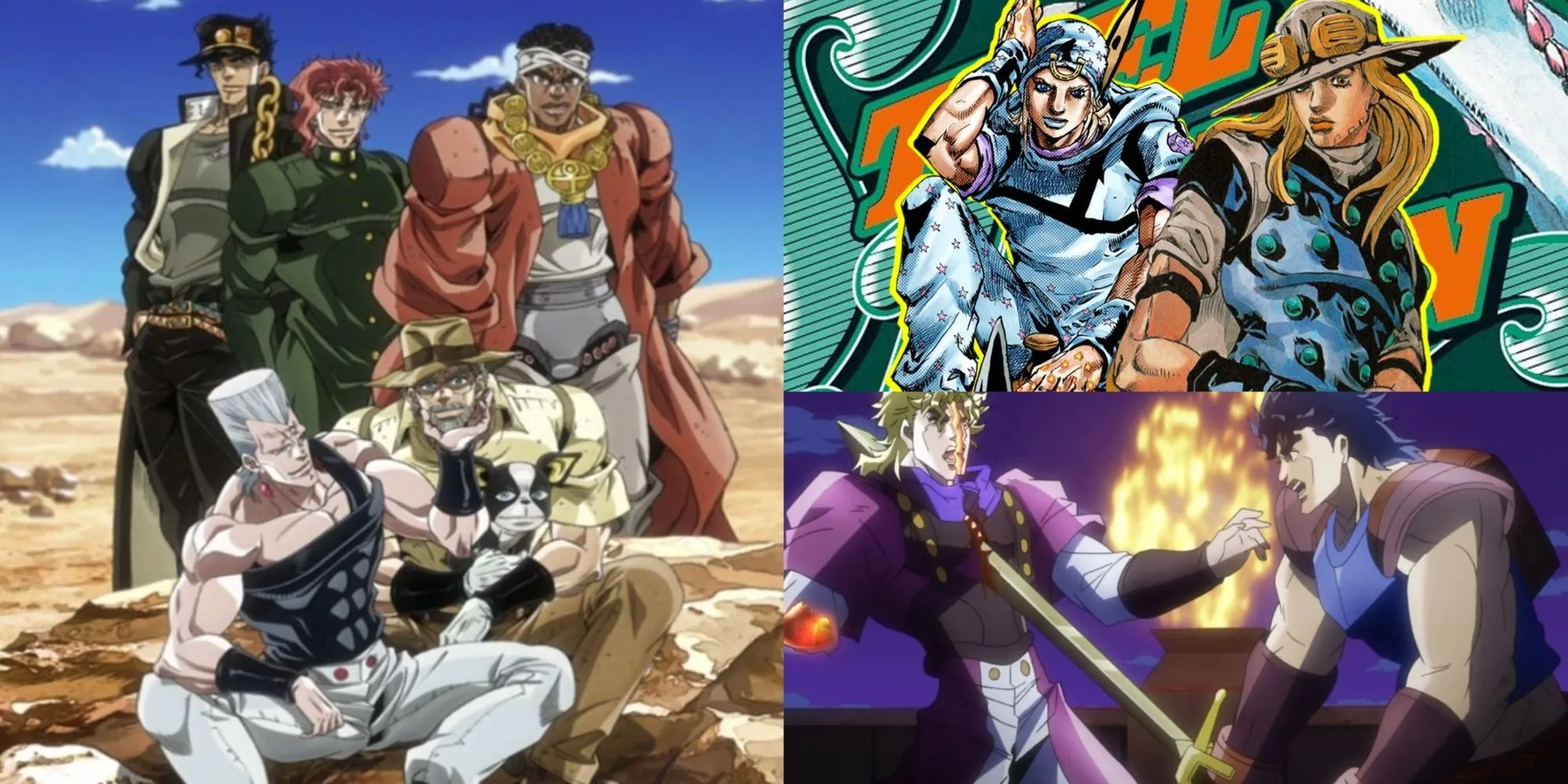 Tập hợp hình ảnh từ các phần Stardust Crusaders, Steel Ball Run và Phantom Blood của JoJo's Bizarre Adventure.