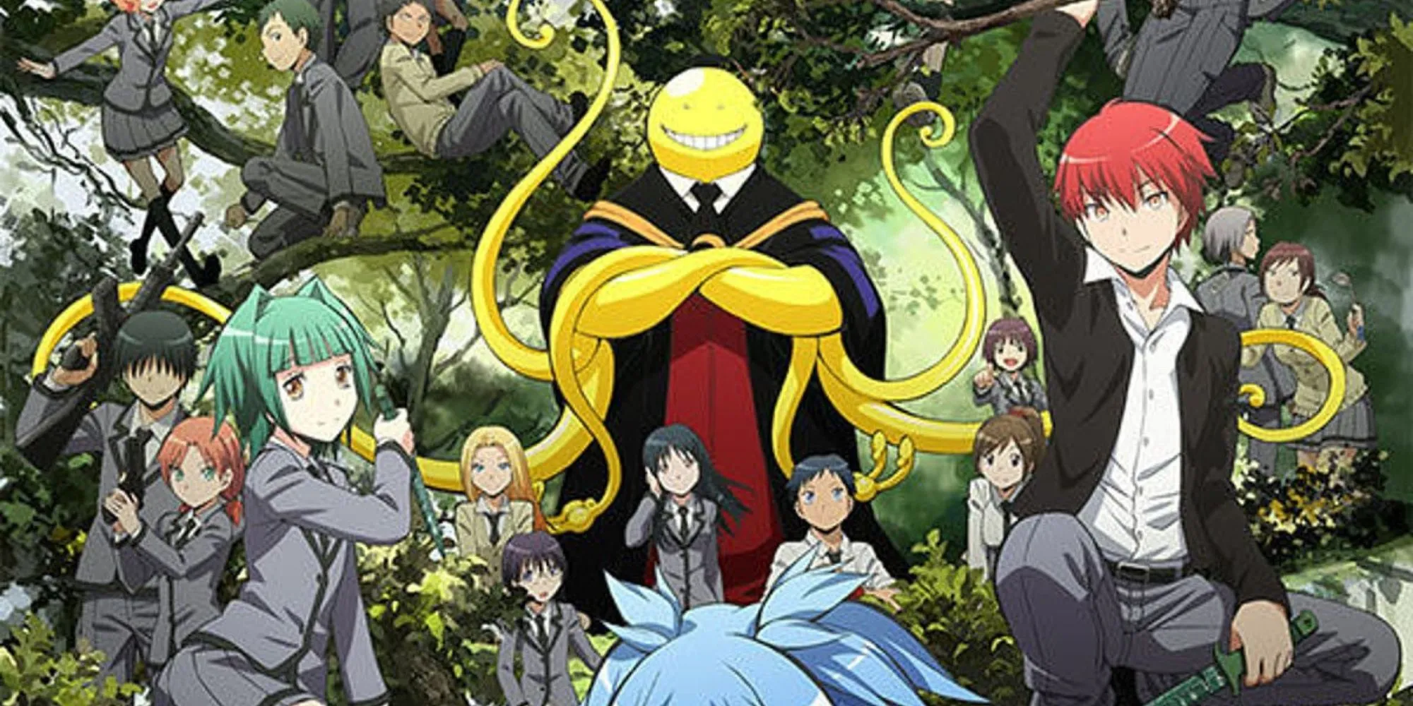 Thầy giáo Koro-sensei với nụ cười đặc trưng cùng học sinh lớp 3-E trong anime Lớp Học Ám Sát