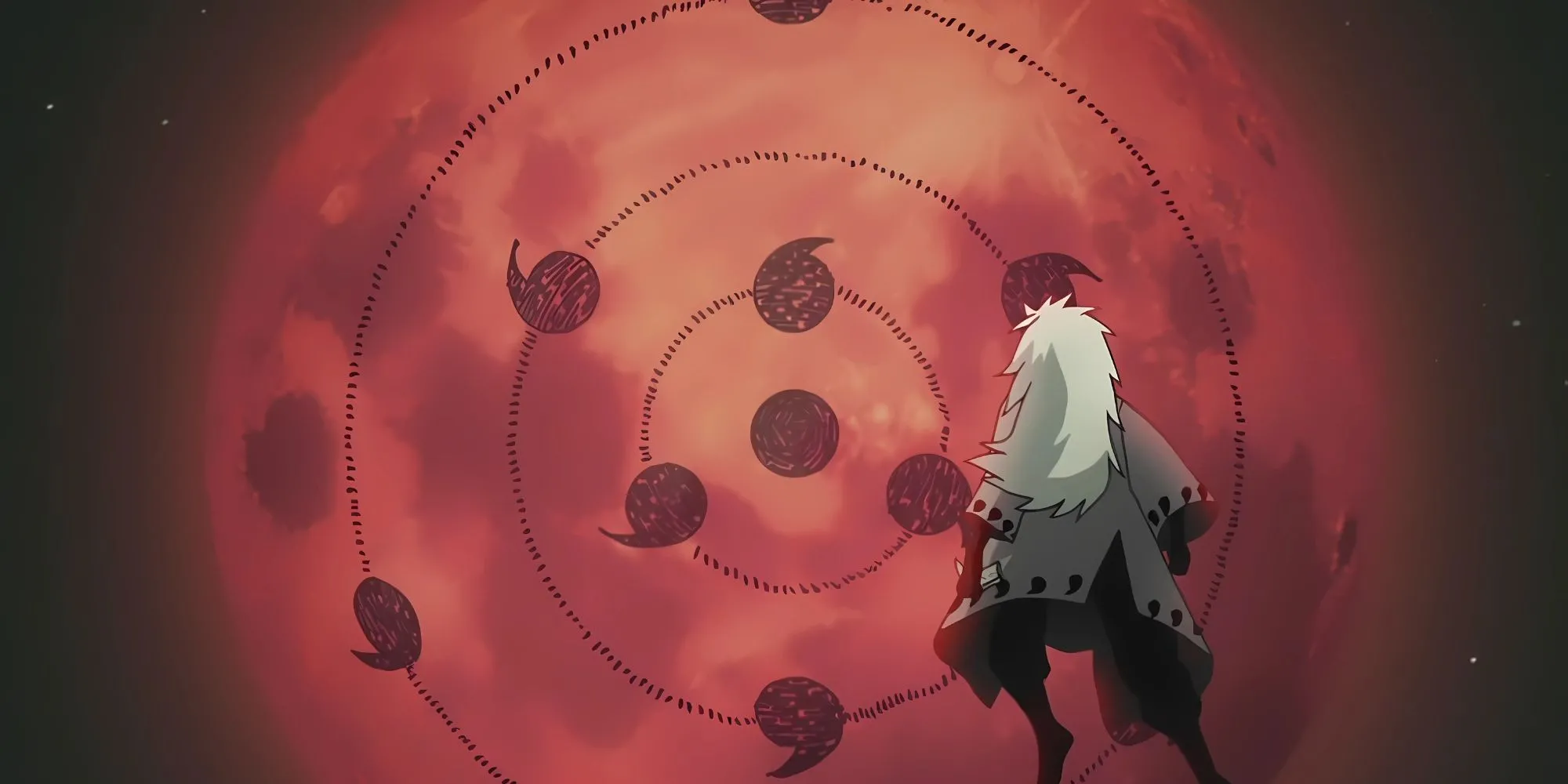 Uchiha Madara trong trạng thái Thi triển Tsukuyomi Vô Hạn, kế hoạch gây ảo giác quy mô toàn cầu trong Naruto Shippuden.