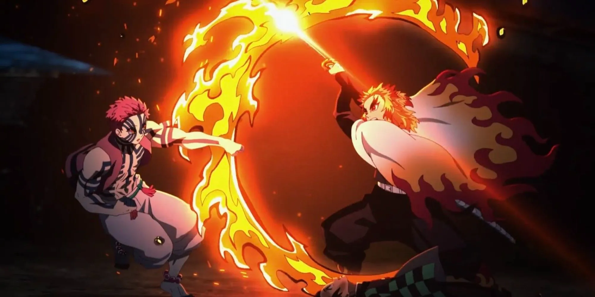 Viêm Trụ Rengoku Kyojuro dũng cảm đối mặt với Thượng Huyền Tam Akaza trên Chuyến Tàu Vô Tận.