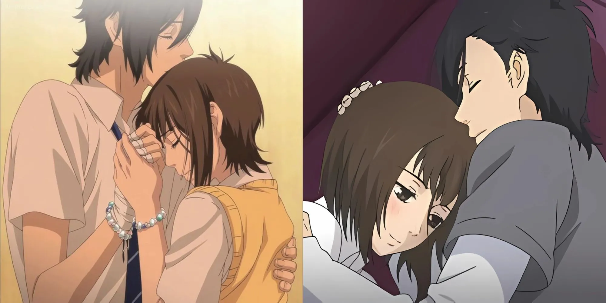 Yamato Kurosawa (phổ biến) và Mei Tachibana (kín đáo) trong cảnh phim lãng mạn của anime Say 'I Love You'