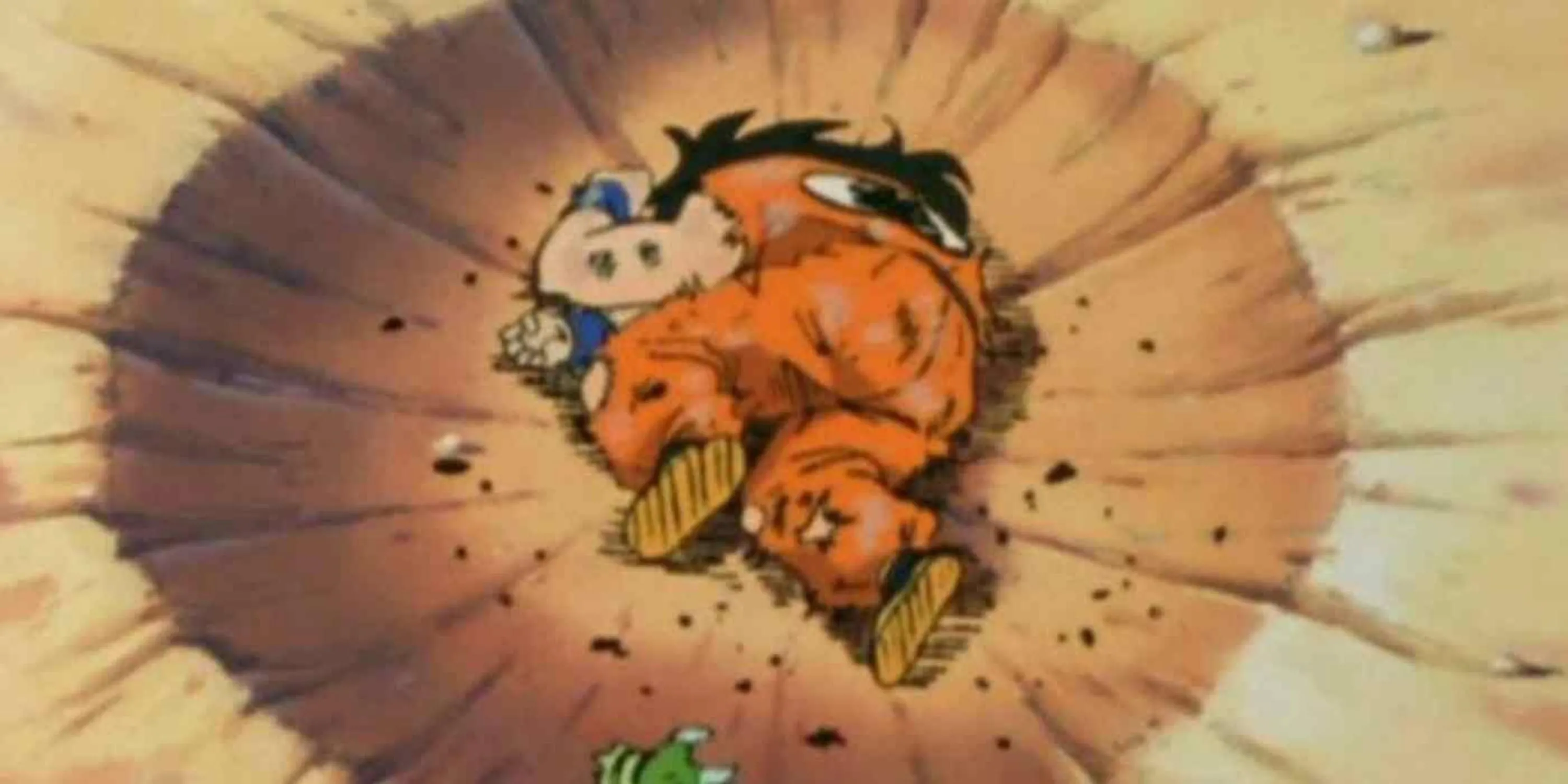 Yamcha trong tư thế chết biểu tượng sau khi bị Saibaman tự hủy trong Dragon Ball Z