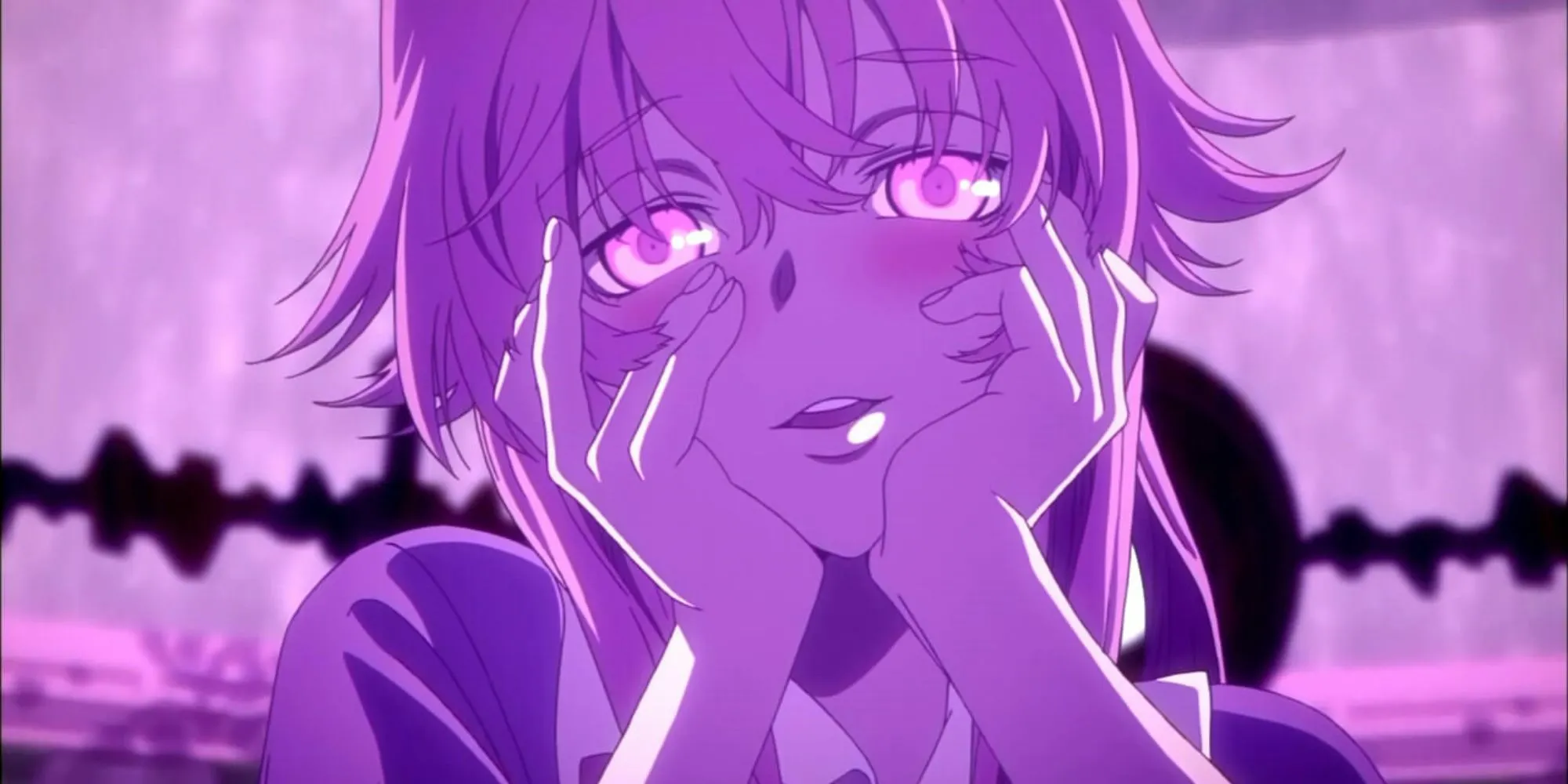 Yuno Gasai từ Future Diary trong khoảnh khắc bộc lộ cảm xúc, từ tình yêu ám ảnh đến sự buông bỏ vị tha.