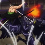 Zoro sử dụng Tam Kiếm Phái Kiếm Vương Địa Ngục đối đầu King Lunarian trong trận chiến đỉnh điểm tại Onigashima