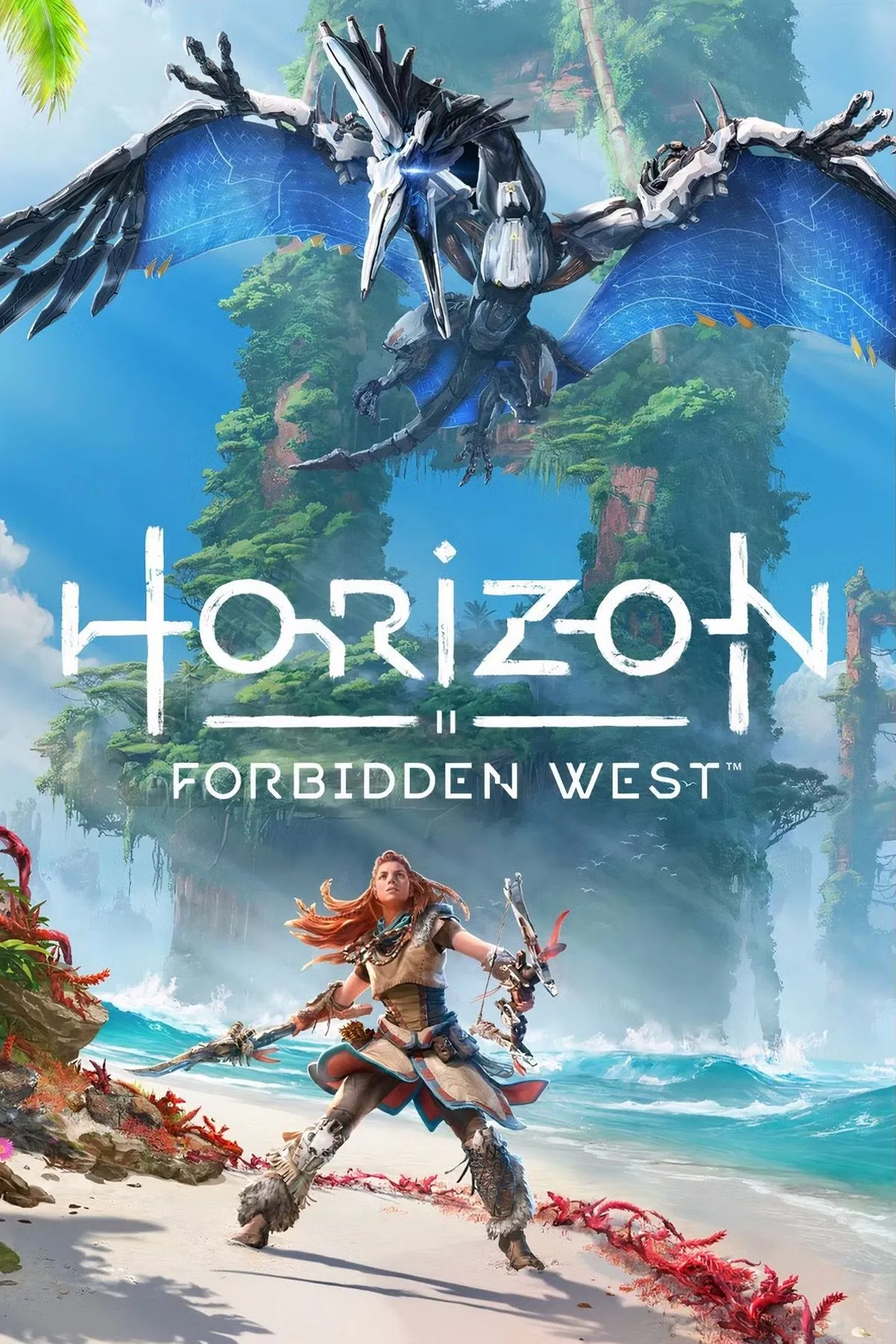 Bìa game Horizon Forbidden West, làm nổi bật nhân vật chính Aloy và thế giới máy móc hậu tận thế đầy nguy hiểm.