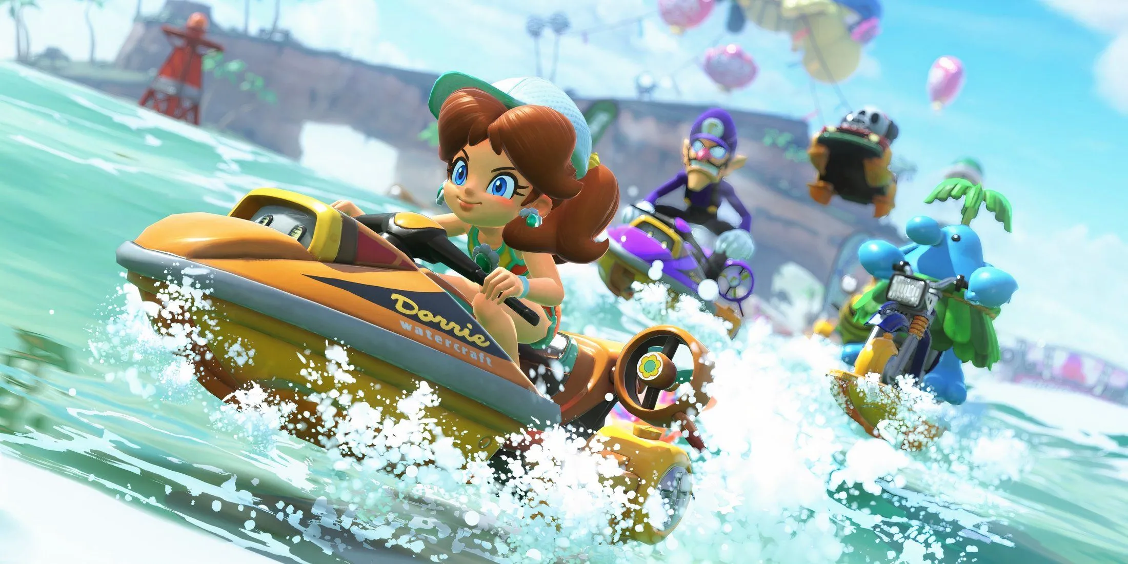 Daisy trong Mario Kart World cùng các tay đua khác trên đường đua, minh họa cho dàn nhân vật đông đảo.