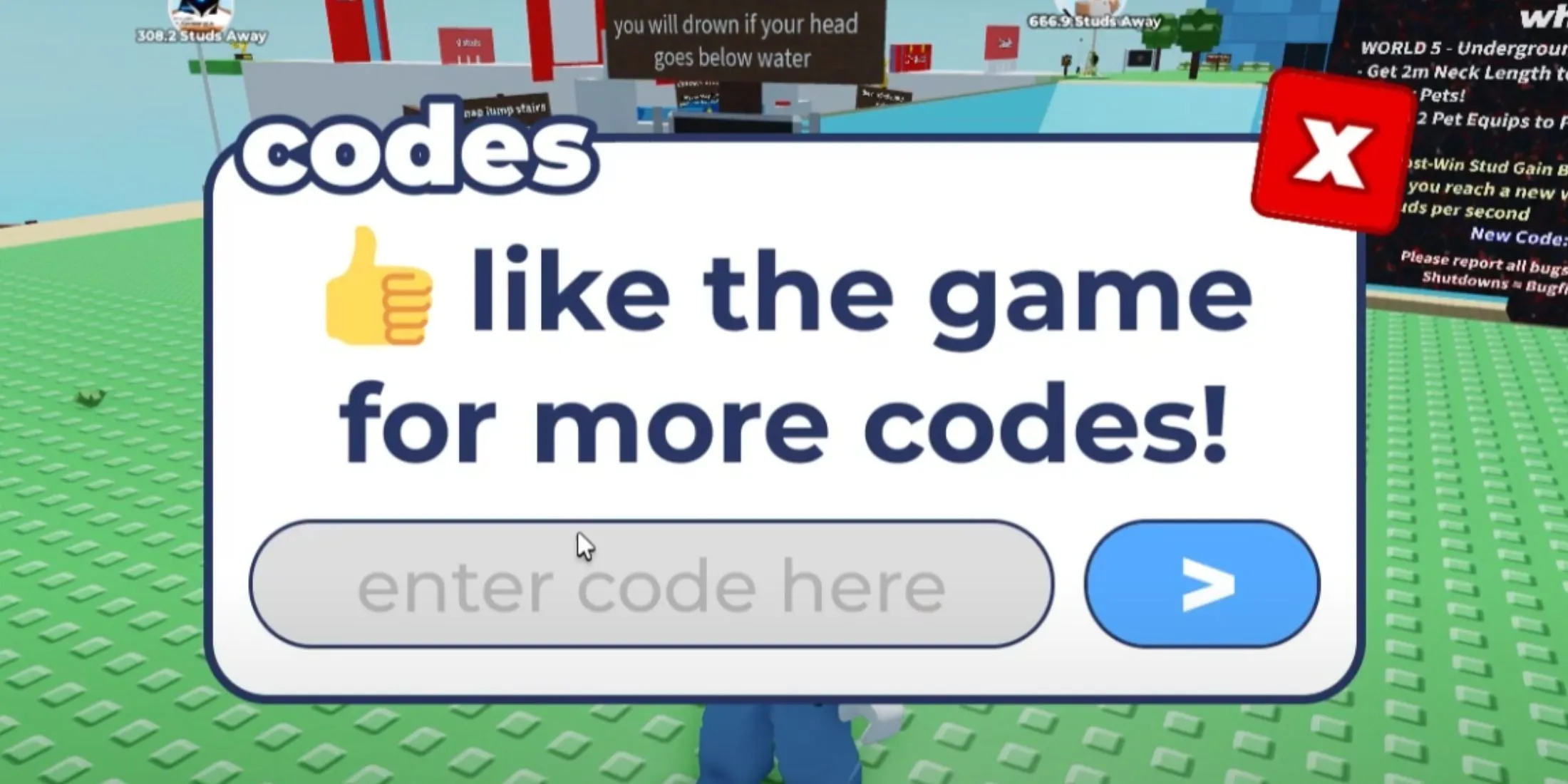 Giao diện nhập mã code trong Every Second Your Neck Grows, hiển thị nút &quot;Codes&quot; và ô nhập liệu