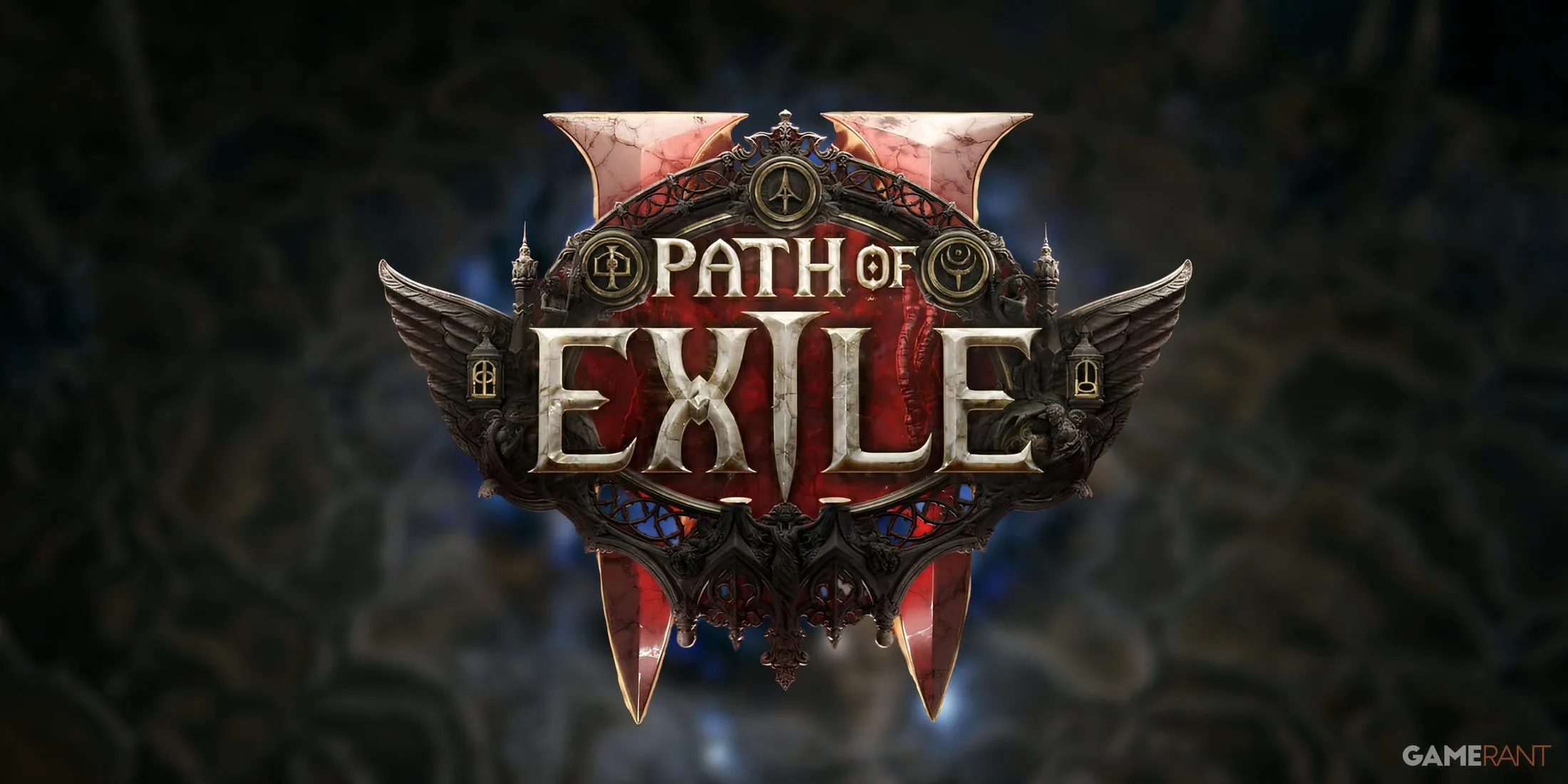Logo Path of Exile 2 trên nền xanh mờ