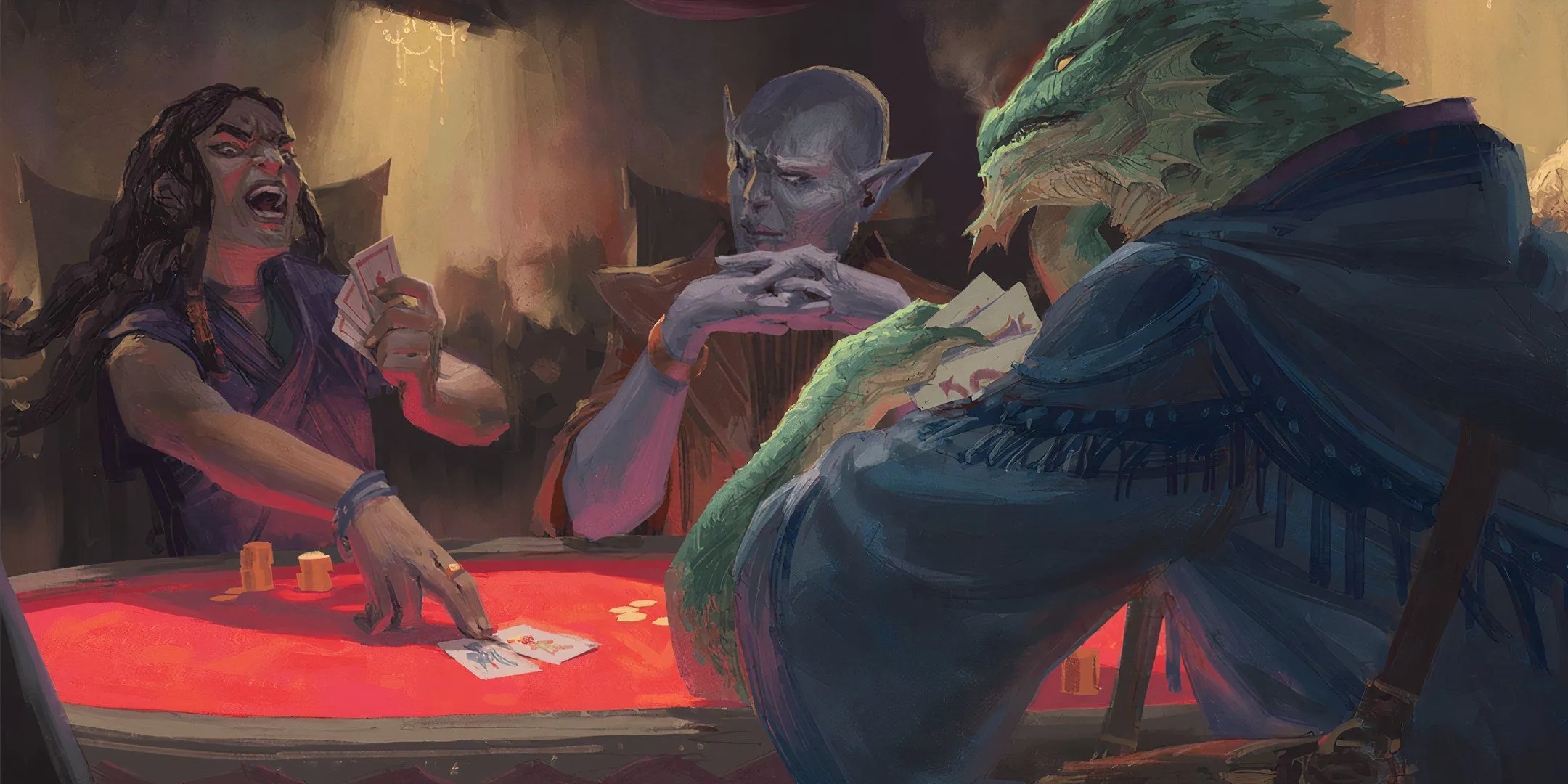 Ba người chơi đang tham gia trò chơi bài trong Dungeons &amp; Dragons, liên tưởng đến tốc độ lăn xúc xắc trong combat.
